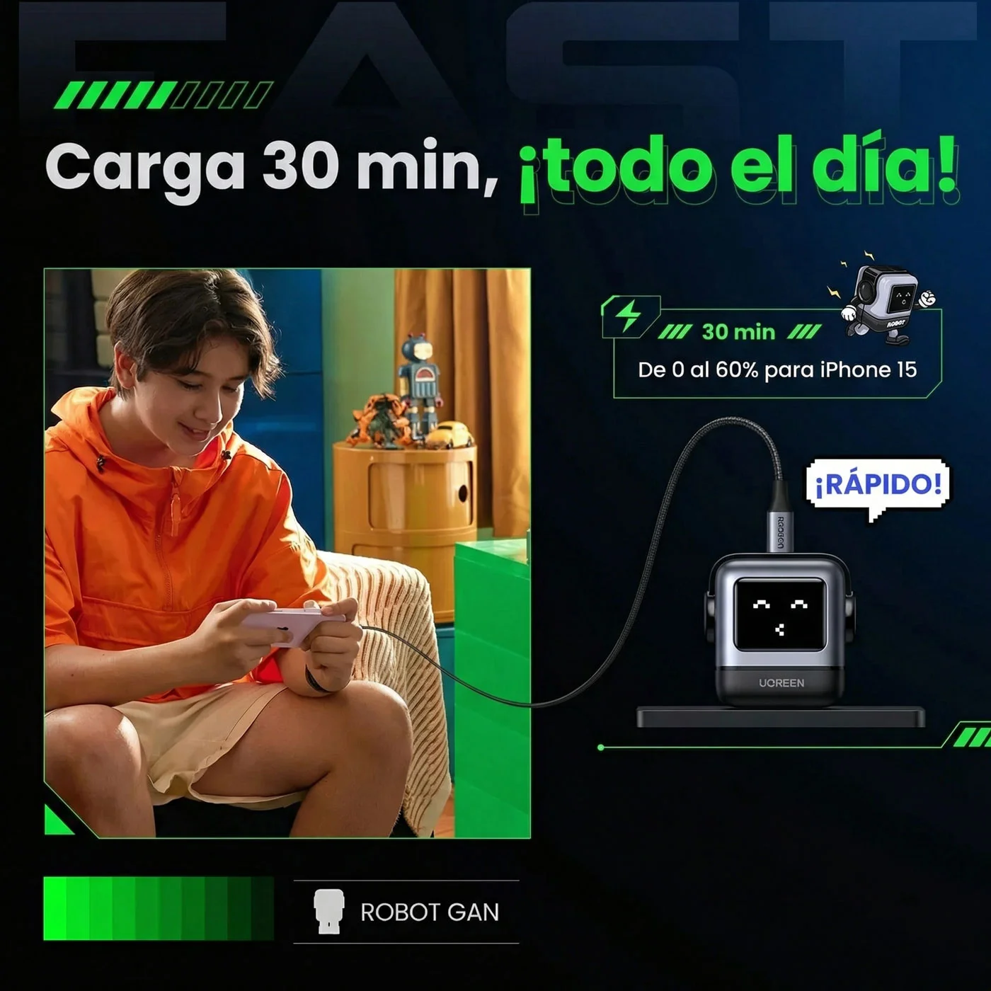 CARGADOR UGREEN UNO ROBOT GAN 30W USB-C SPACE GRAY 15550 - 2