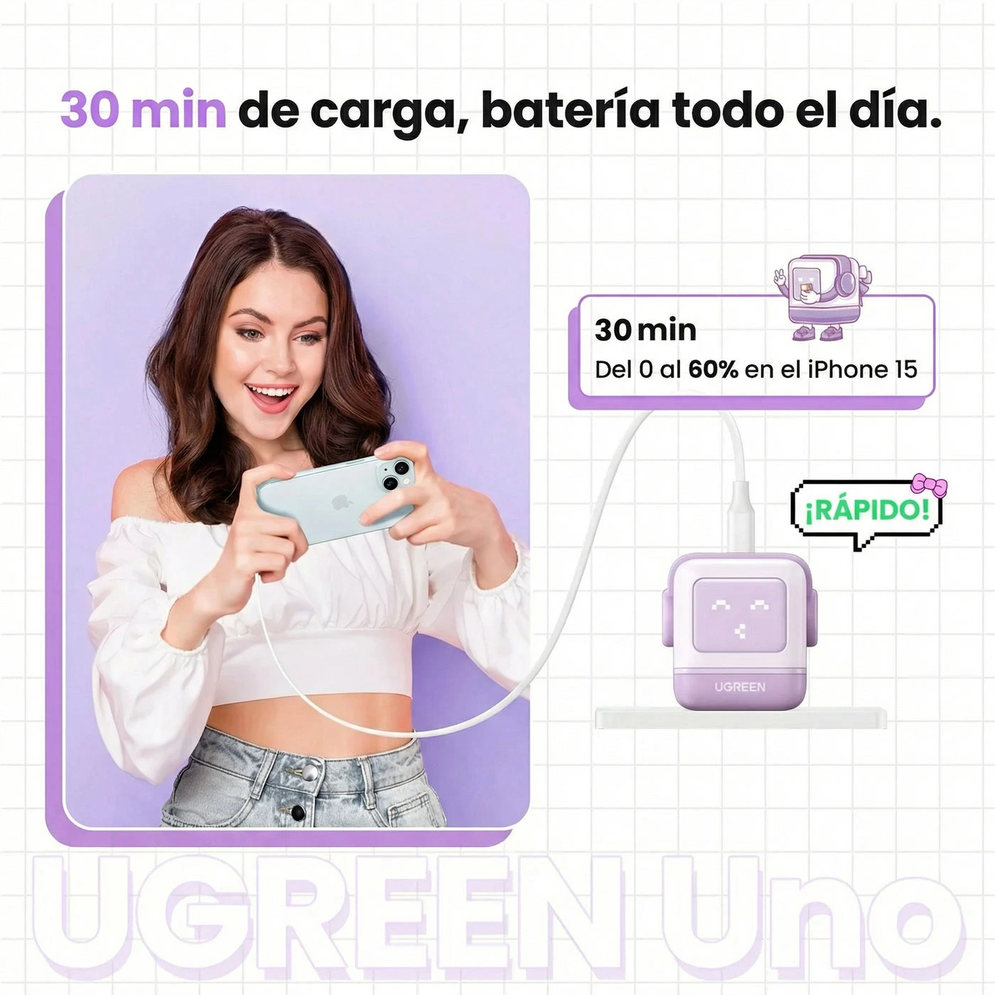 CARGADOR UGREEN UNO ROBOT GAN 30W USB-C - PURPLE 25036 - 3