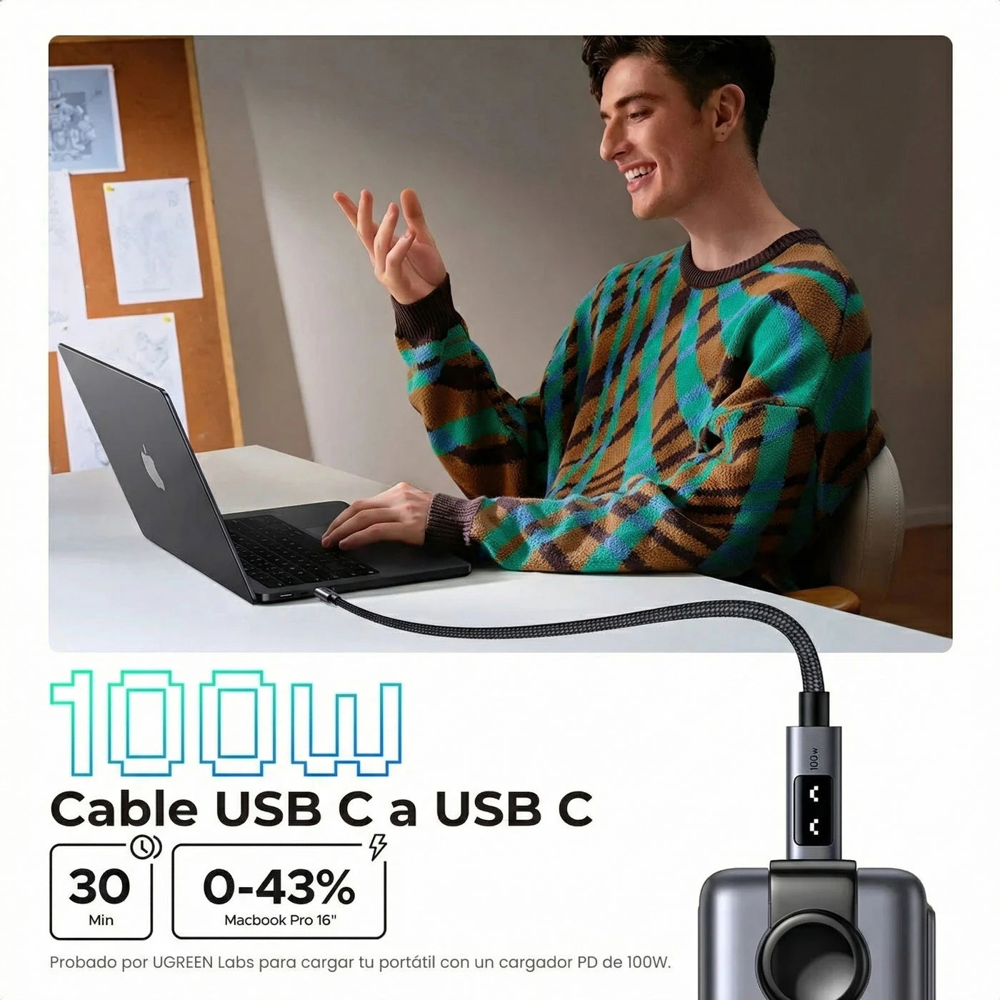 CABLE UGREEN UNO USB-C A USB-C 1M 100W GRIS - 3