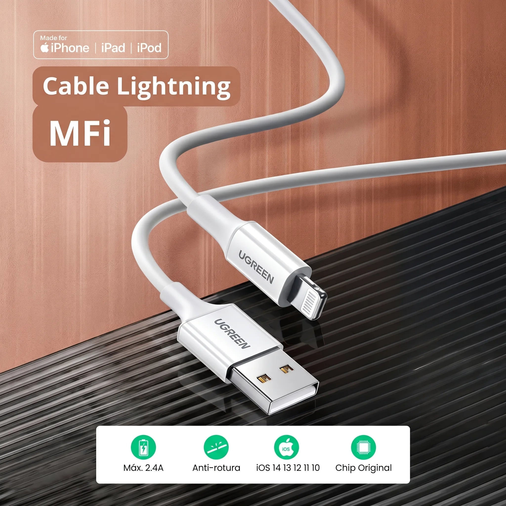 CABLE UGREEN USB-A A LIGHTNING 1M 12W MFI - 2