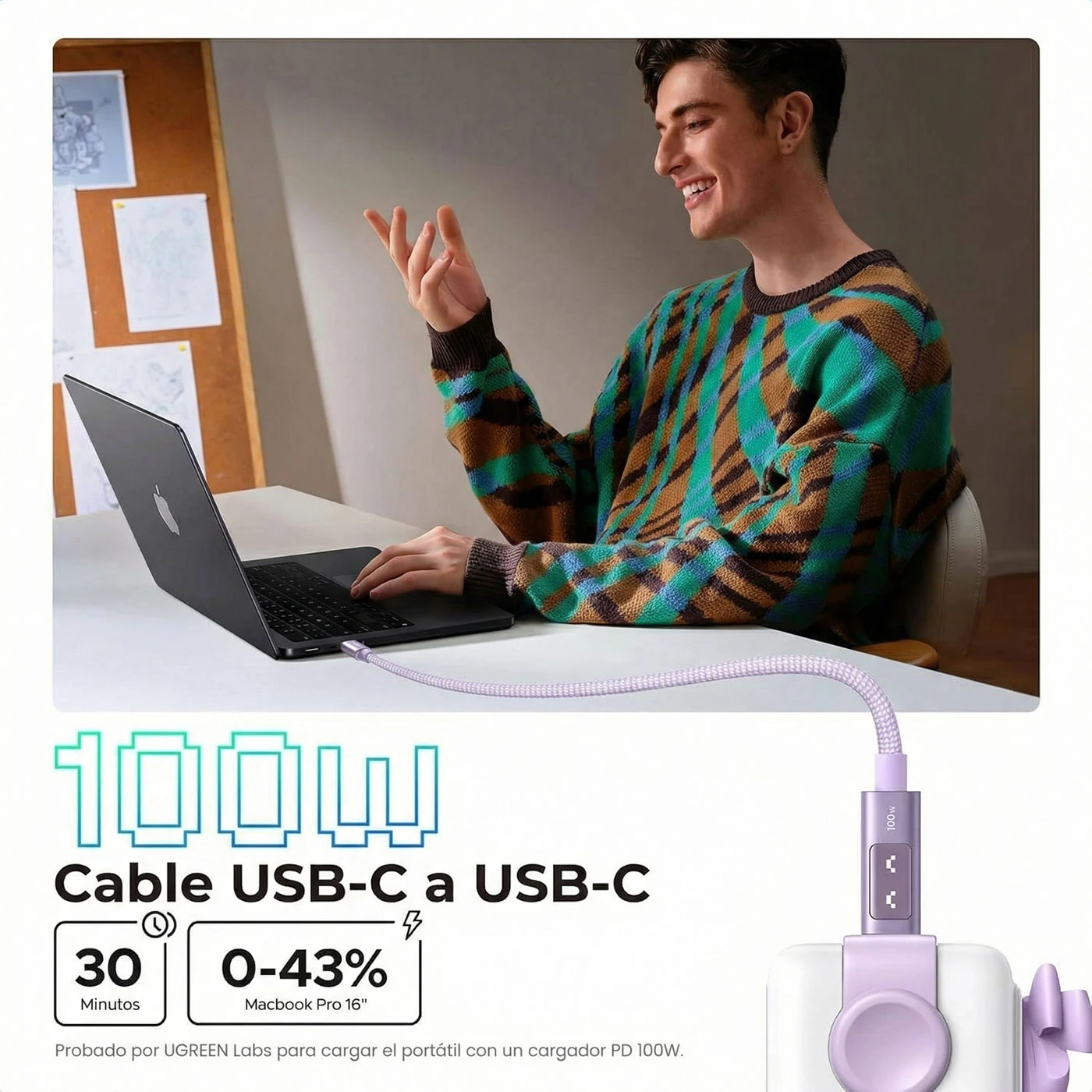 CABLE UGREEN UNO USB-C A USB-C 100W 1 METRO MORADO - 2