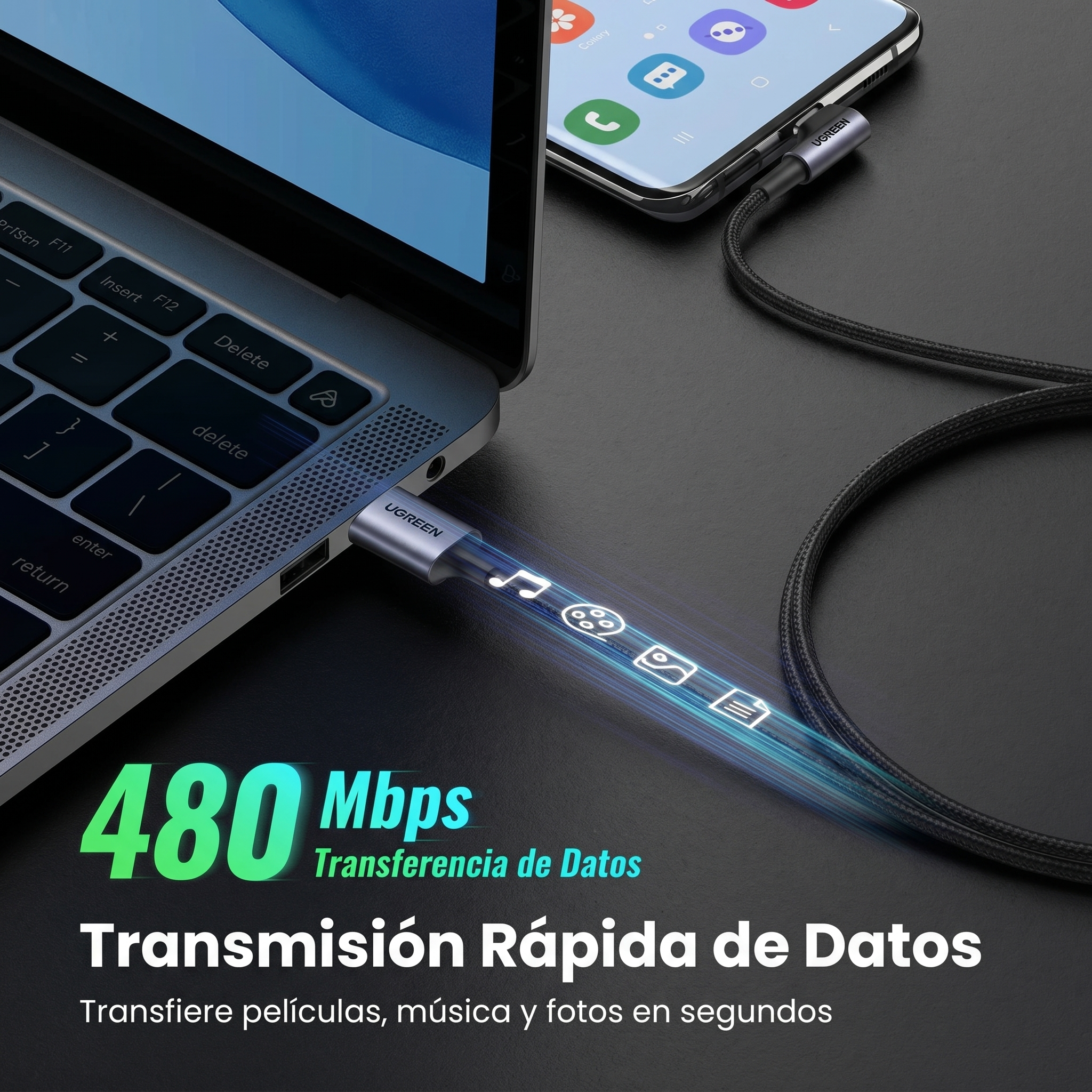 UGREEN CABLE USB-A A USB-C 2M EN ÁNGULO 90° PARA CARGA Y USO CÓMODO - 7