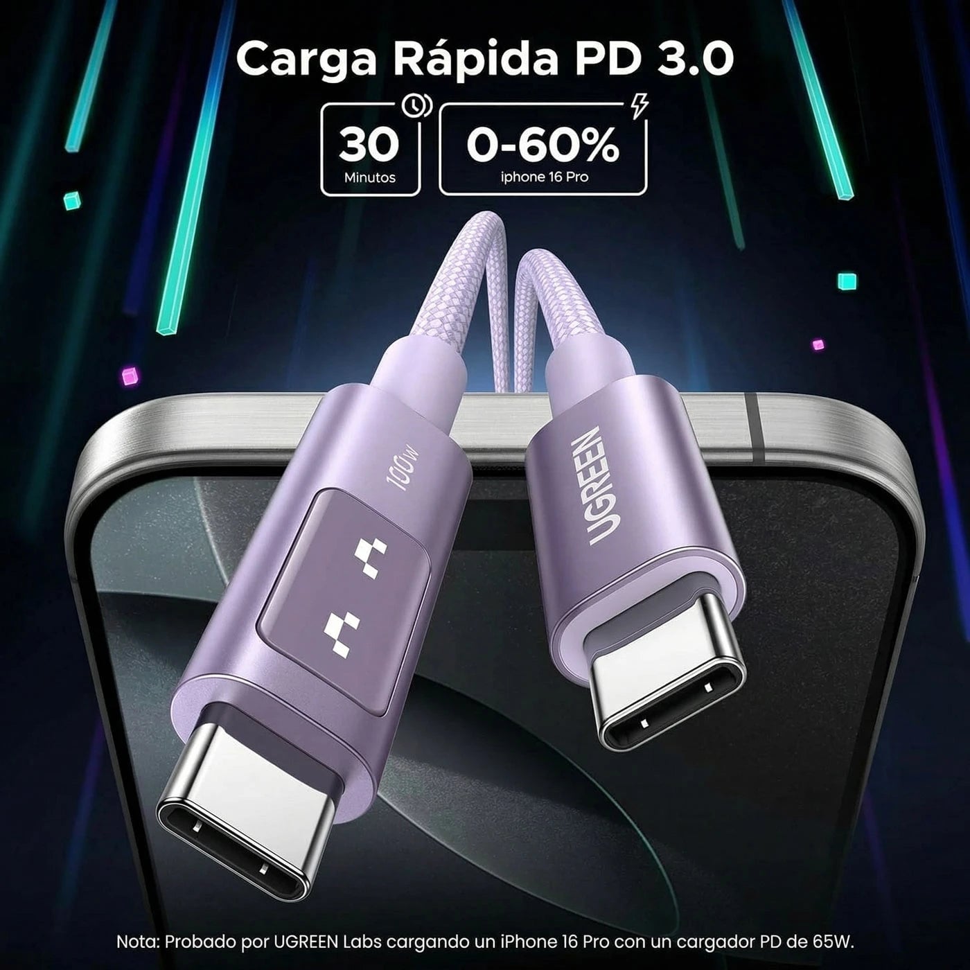 CABLE UGREEN UNO USB-C A USB-C 2M 100W MORADO - 3