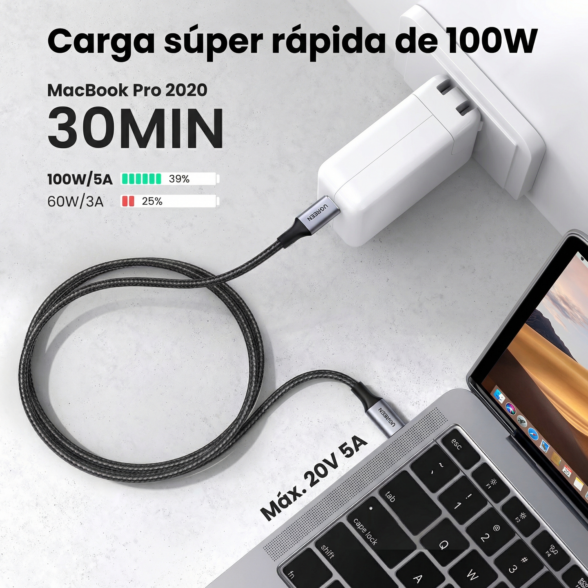 CABLE UGREEN USB-C A USB-C 2M 100W PD NEGRO - 2