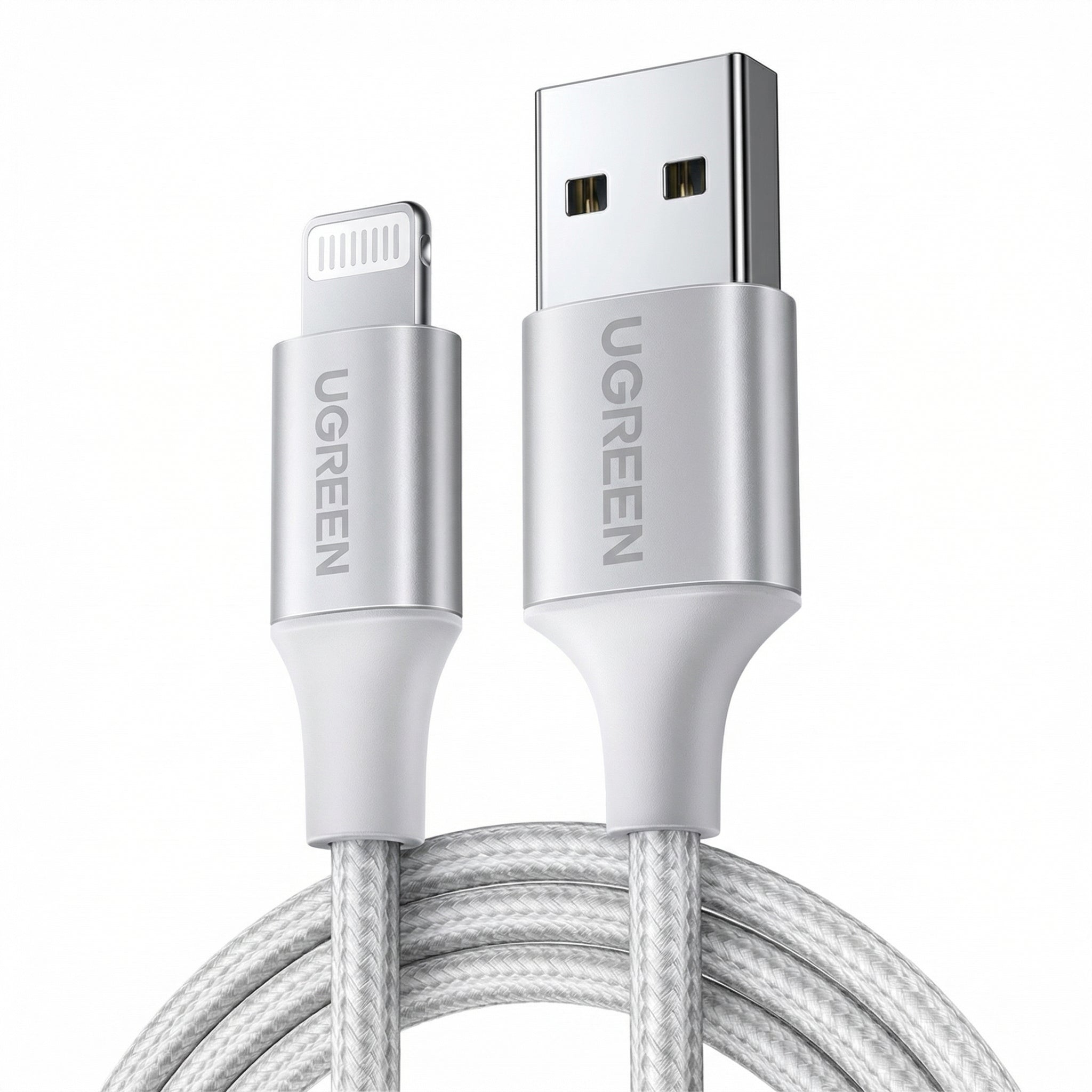 CABLE UGREEN USB-A A LIGHTNING 1M 12W 2.4A MFI PLATEADO - 1