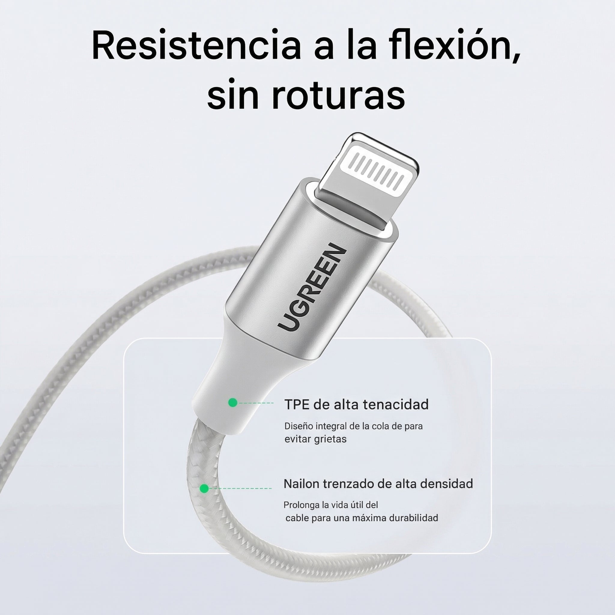 CABLE UGREEN USB-A A LIGHTNING 1M 12W 2.4A MFI PLATEADO - 7
