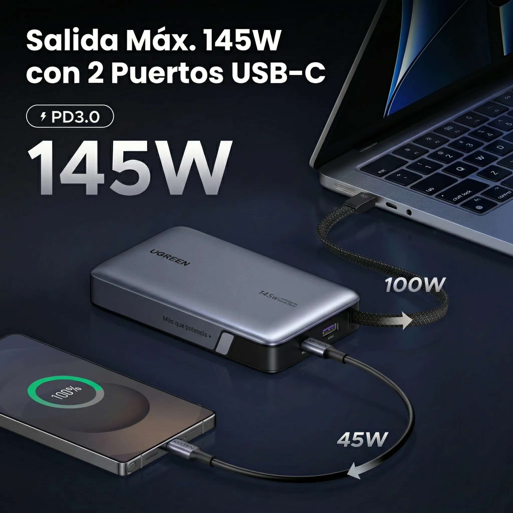 POWER BANK UGREEN NEXODE 20000MAH 145W CABLE USB-C PANTALLA - 2
