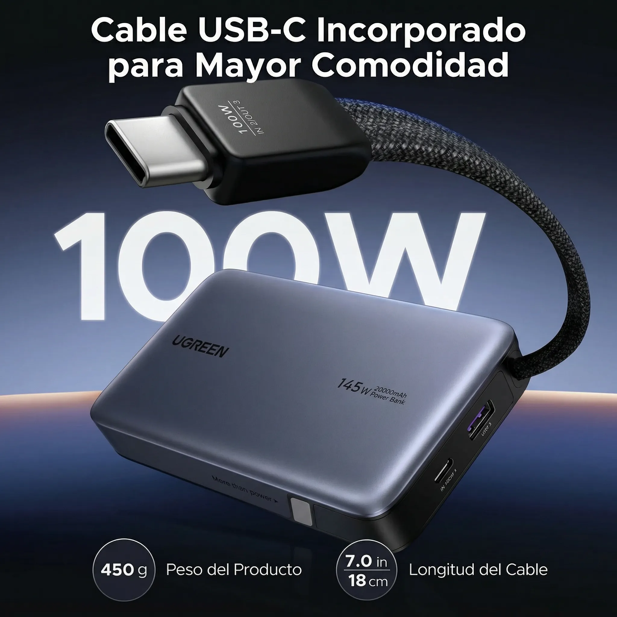 POWER BANK UGREEN NEXODE 20000MAH 145W CABLE USB-C PANTALLA - 4