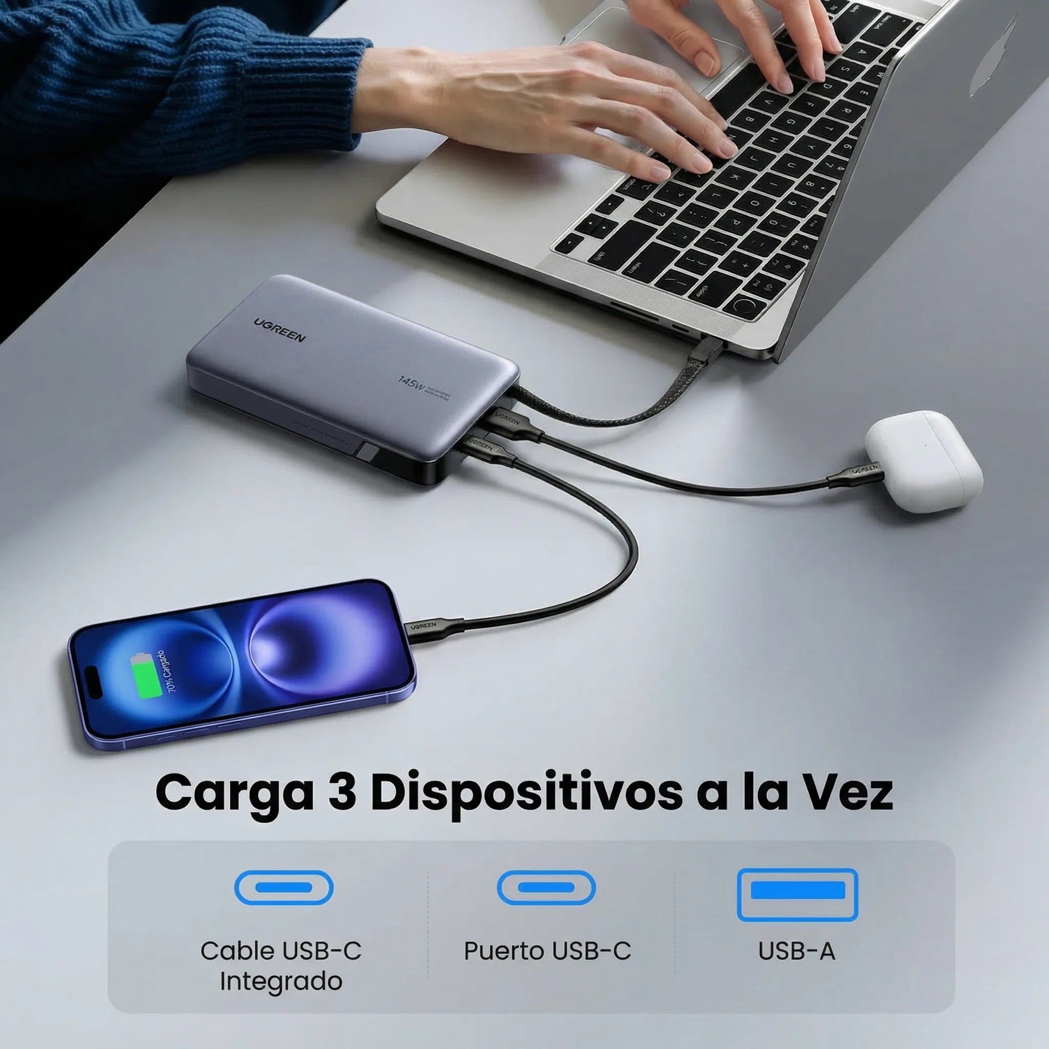 POWER BANK UGREEN NEXODE 20000MAH 145W CABLE USB-C PANTALLA - 6