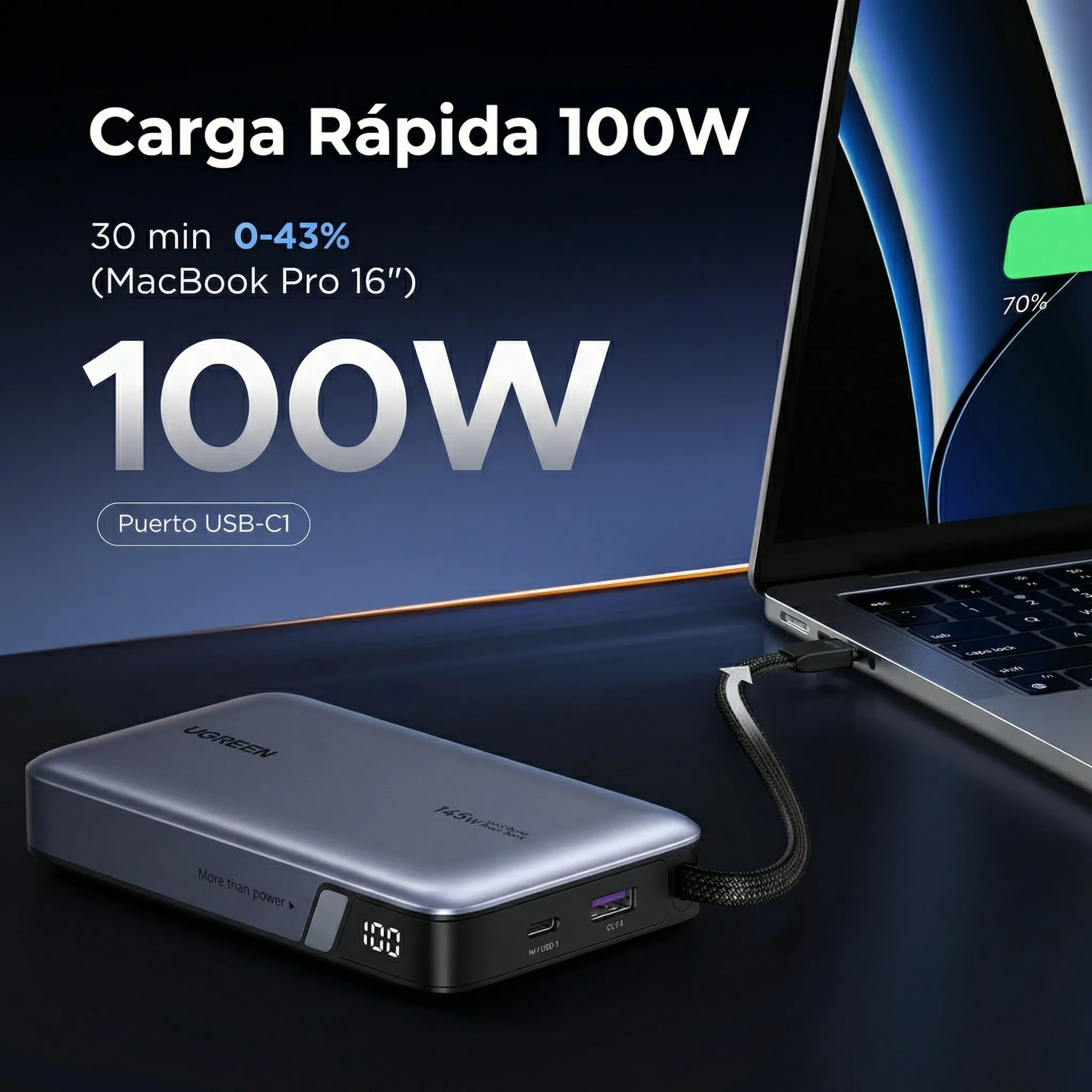 POWER BANK UGREEN NEXODE 20000MAH 145W CABLE USB-C PANTALLA - 7