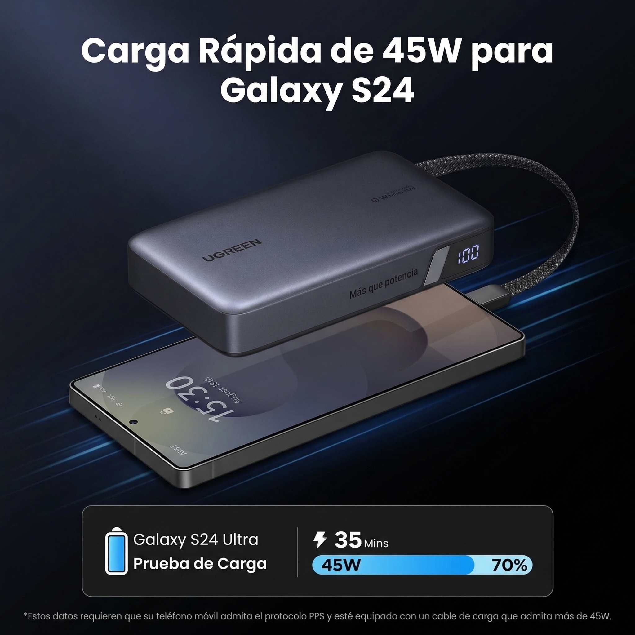 POWER BANK UGREEN NEXODE 20000MAH 67W CABLE USB-C RETRÁCTIL - 4