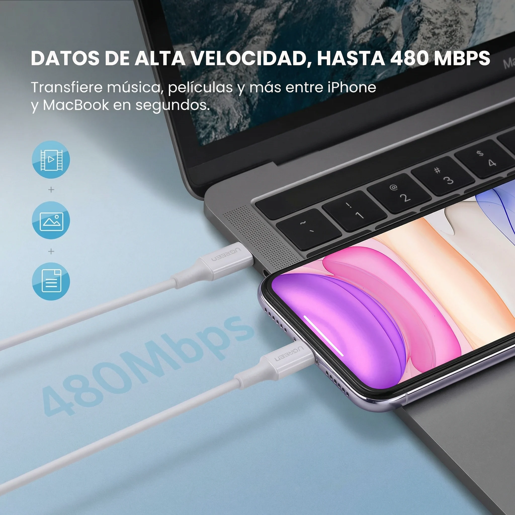 CABLE UGREEN USB-C A LIGHTNING 1M 18W MFI BLANCO - 3