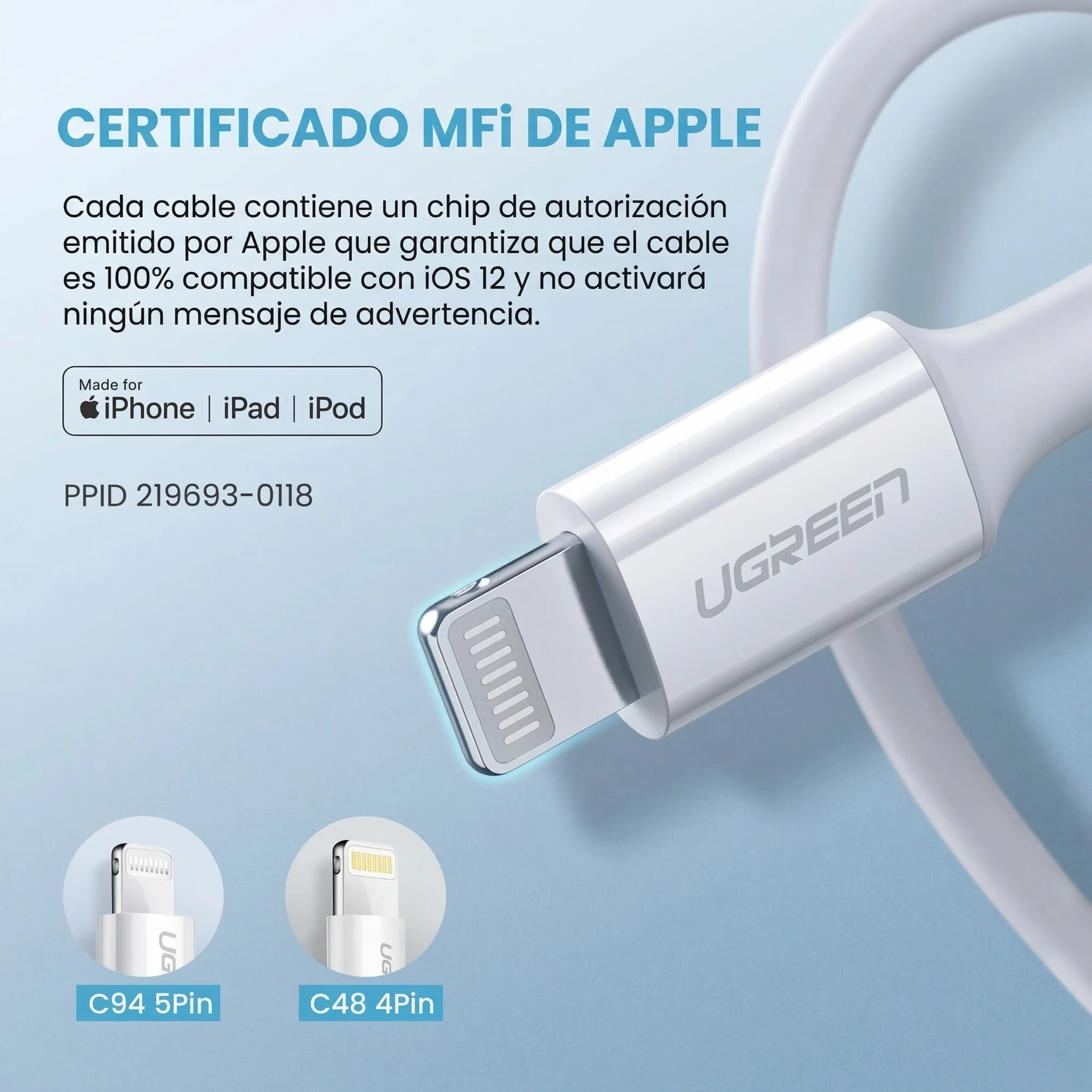 CABLE UGREEN USB-C A LIGHTNING 1M 18W MFI BLANCO - 4