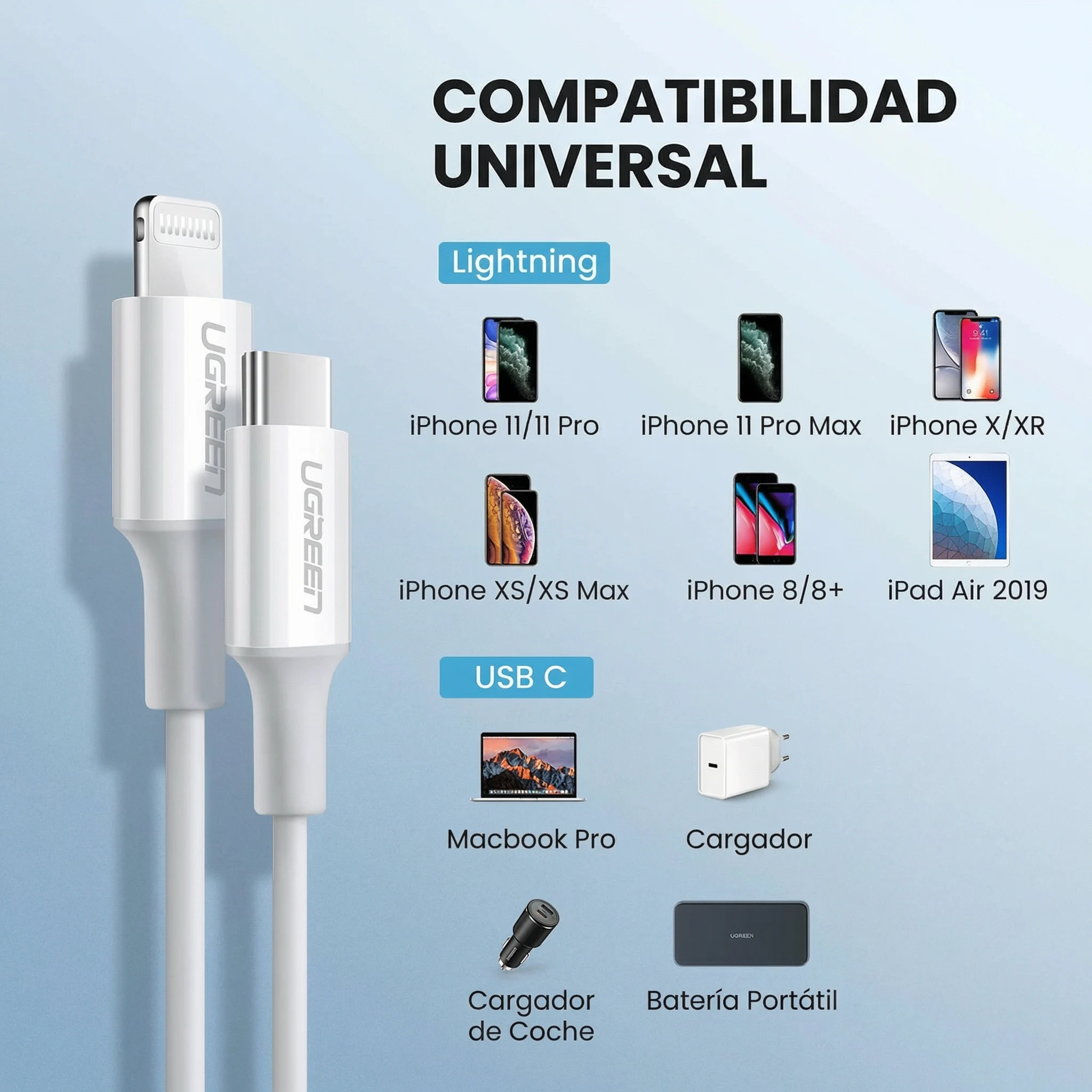 CABLE UGREEN USB-C A LIGHTNING 1M 18W MFI BLANCO - 5