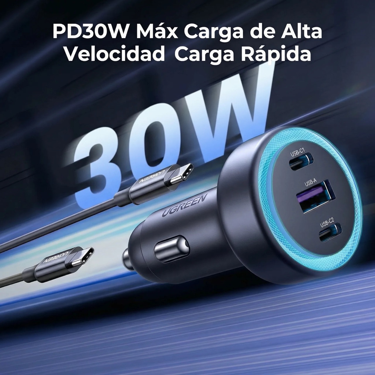 CARGADOR PARA AUTO UGREEN 30W 2 USB-C Y USB-A PD 3.0 CARGA RÁPIDA - 4