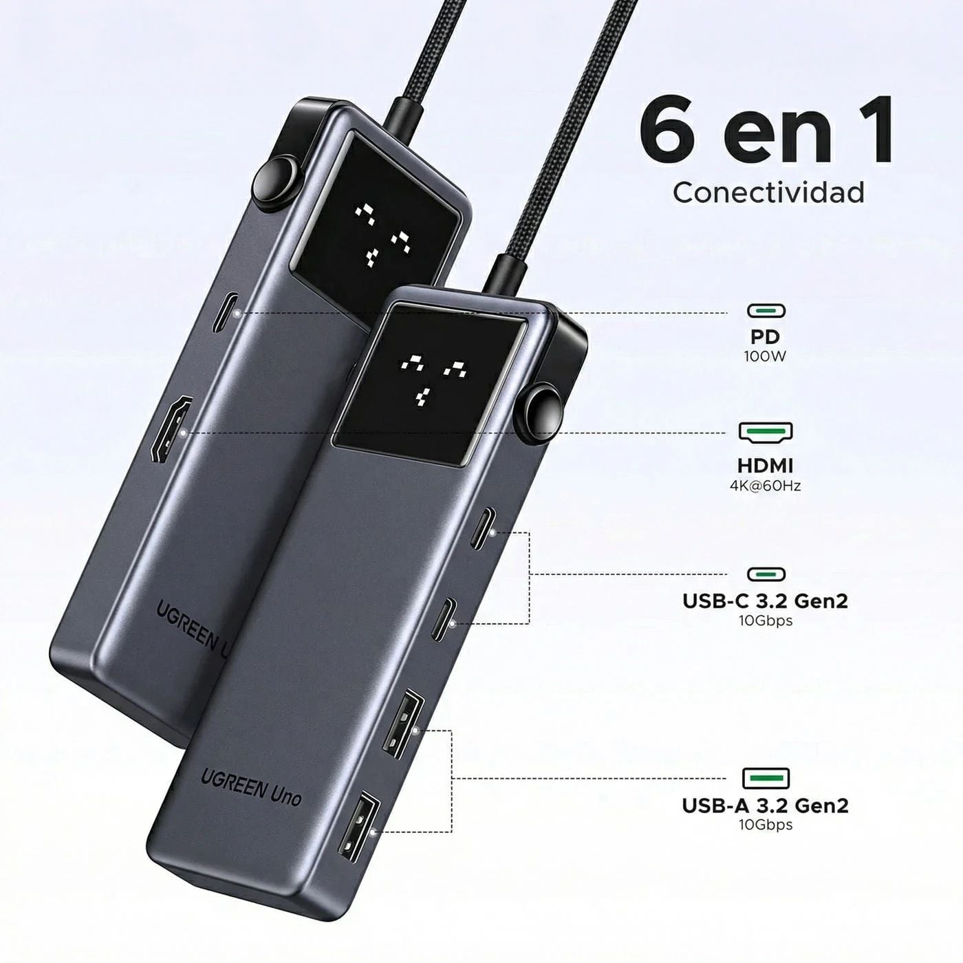 ADAPTADOR HUB 6 EN 1 MULTI PUERTOS 10GBPS HDMI 4K@60HZ USB-C USB-A PARA LAPTOP MACBOOK - 2