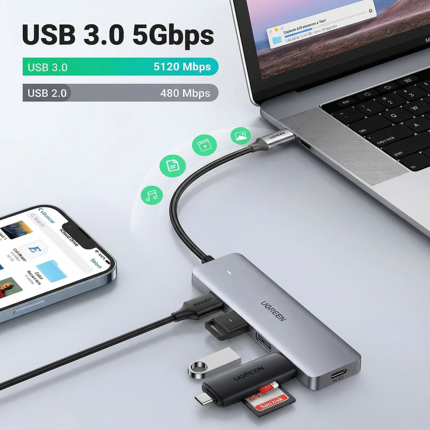 ADAPTADOR HUB UGREEN USB-C 4 PUERTOS USB-A 3.0 5GBPS OTG PLUG AND PLAY - 2