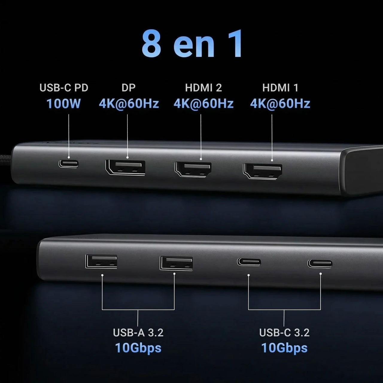 ADAPTADOR HUB UGREEN USB-C 8 EN 1 CON PUERTOS HDMI DISPLAYPORT USB-C USB-A PD 100W - 2