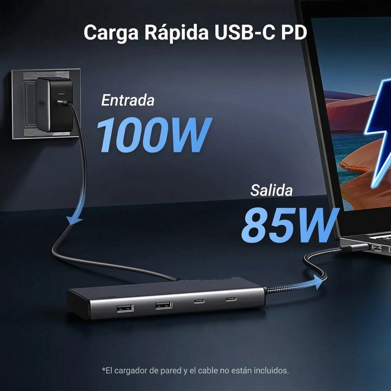ADAPTADOR HUB UGREEN USB-C 8 EN 1 CON PUERTOS HDMI DISPLAYPORT USB-C USB-A PD 100W - 7