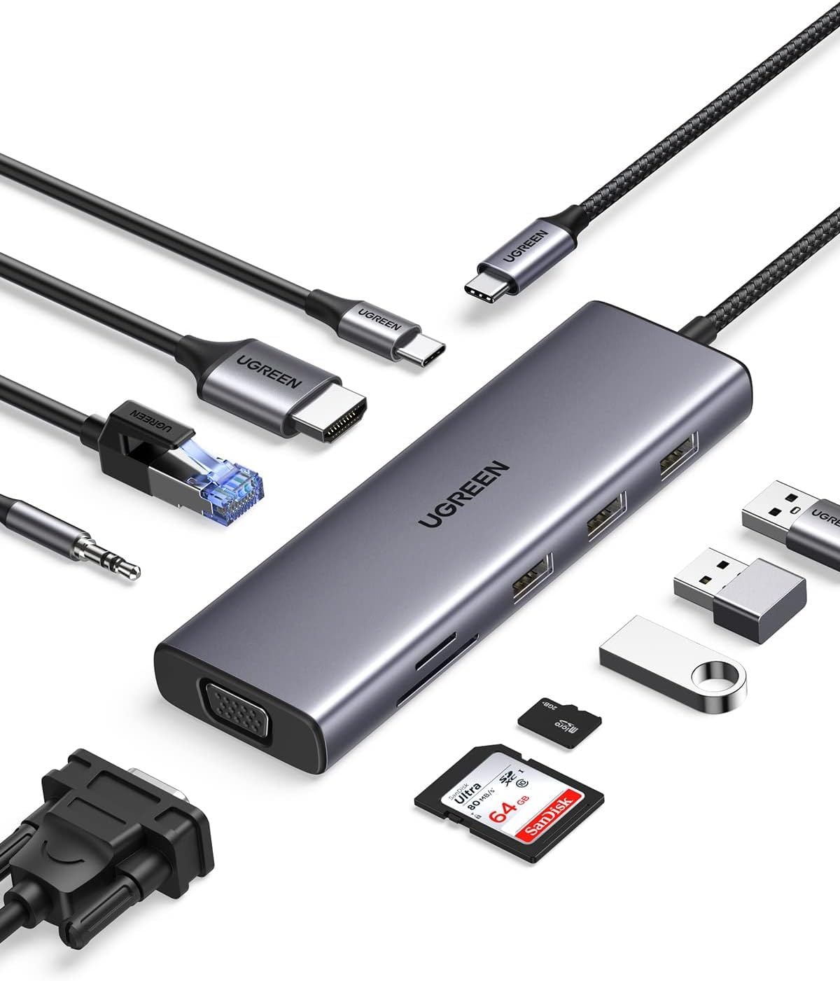 ADAPTADOR HUB UGREEN USB-C 10 EN 1 HDMI 4K VGA RJ45 TARJETAS SD TF CARGA RAPIDA 100W - 1