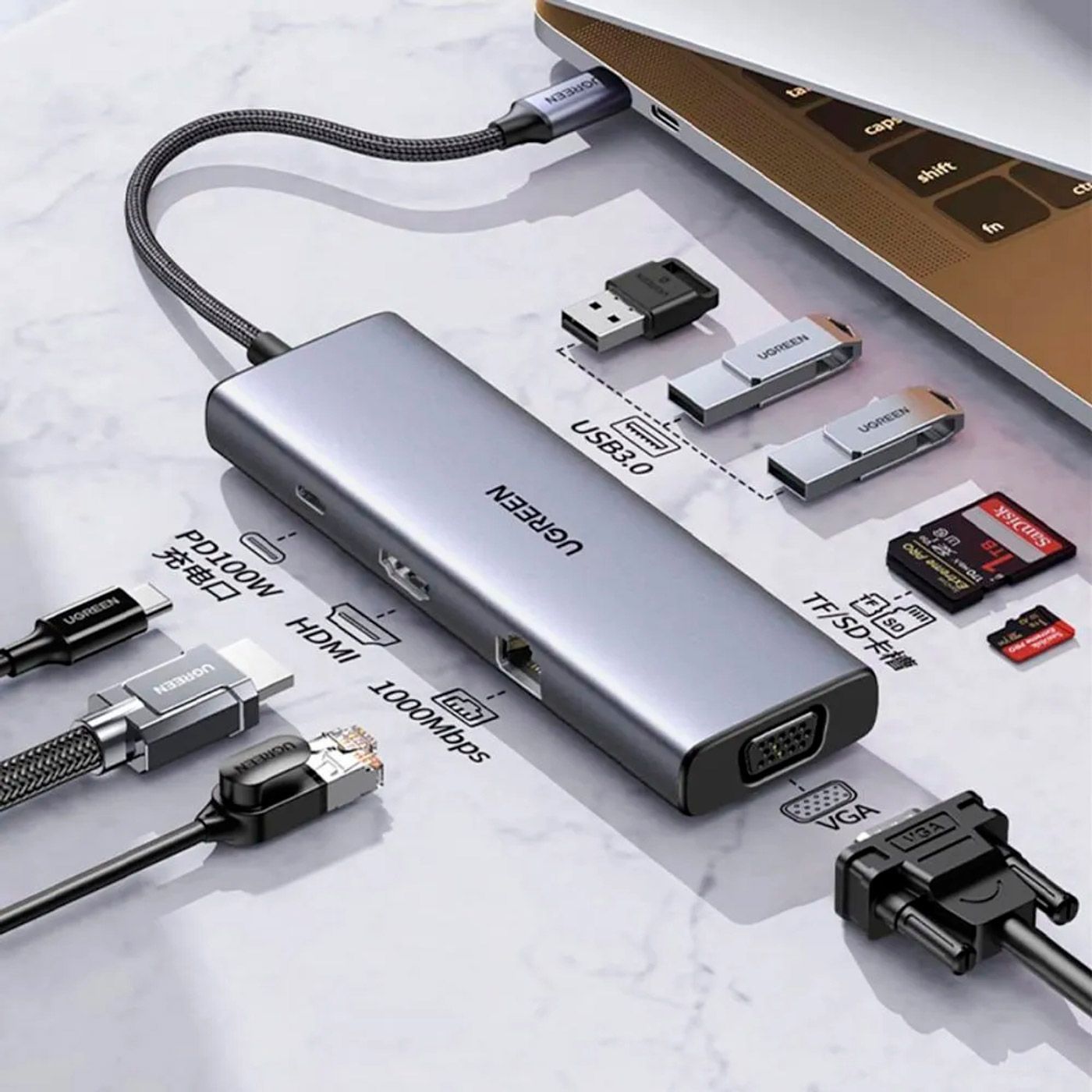 ADAPTADOR HUB 9 EN 1 MULTI PUERTOS HDMI USB-A VGA ETHERNET MICRO SD USB-C PD 100W - 2