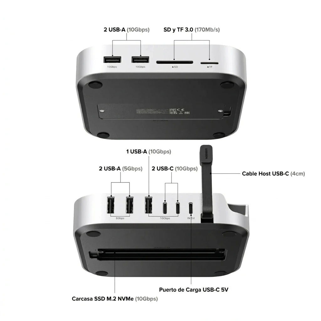 BASE DOCK UGREEN PARA MAC MINI M4/M4 PRO 11 EN 1 SSD NVME 8TB 10GBPS - 5