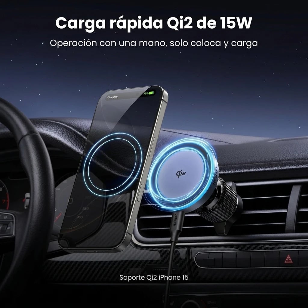 CARGADOR MAGNÉTICO AUTO UGREEN QI2 15W PARA IPHONE MAGSAFE CARGA INALÁMBRICA - 2