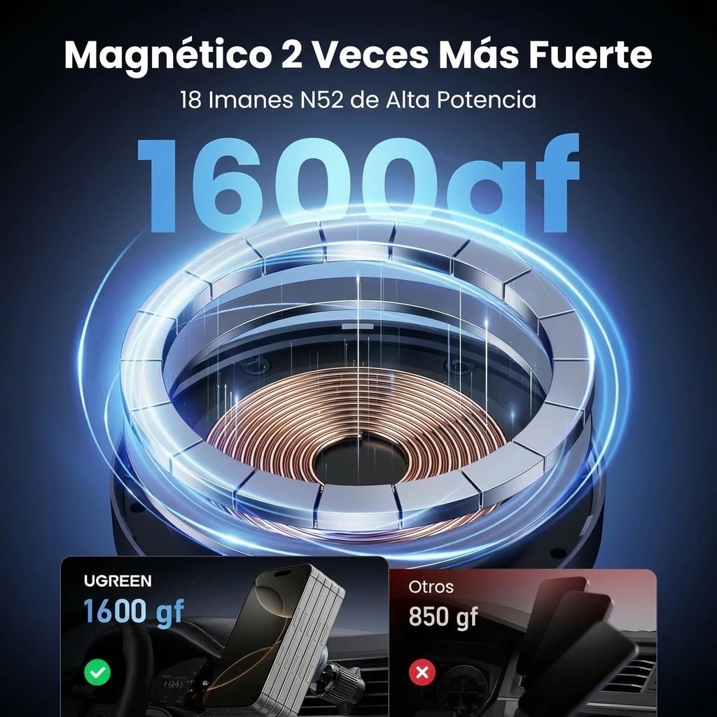 CARGADOR MAGNÉTICO AUTO UGREEN QI2 15W PARA IPHONE MAGSAFE CARGA INALÁMBRICA - 3