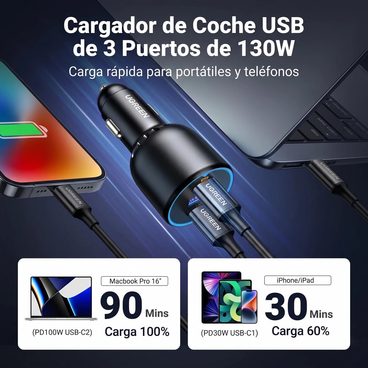 CARGADOR AUTO UGREEN 130W 2 USB-C 1 USB-A CARGA RÁPIDA PD 3.0 QC 4.0 NEGRO - 2