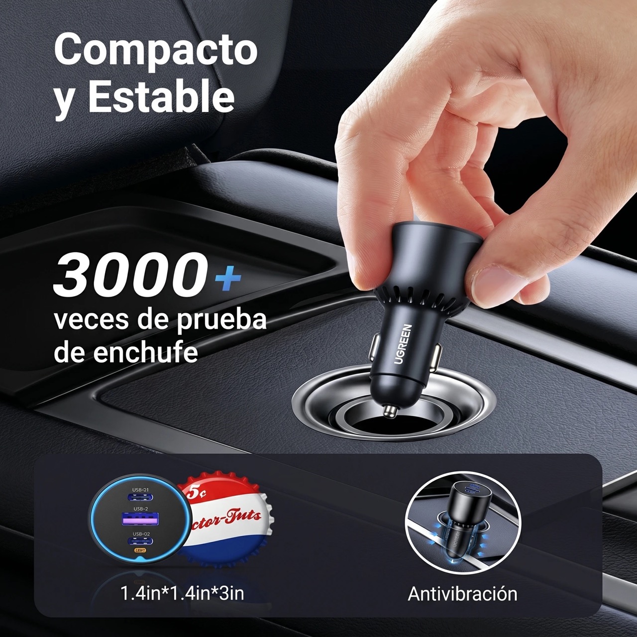 CARGADOR AUTO UGREEN 130W 2 USB-C 1 USB-A CARGA RÁPIDA PD 3.0 QC 4.0 NEGRO - 7