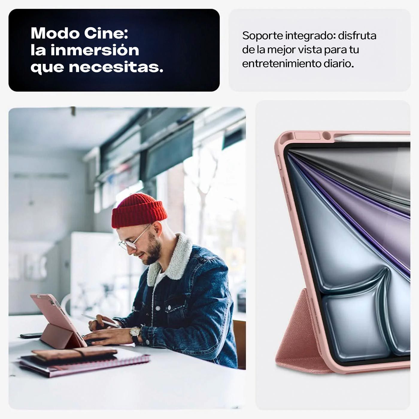 CASE IPAD AIR 11 M3 M2 SPIGEN URBAN FIT SMART PREMIUM ROSA CON SOPORTE - 4