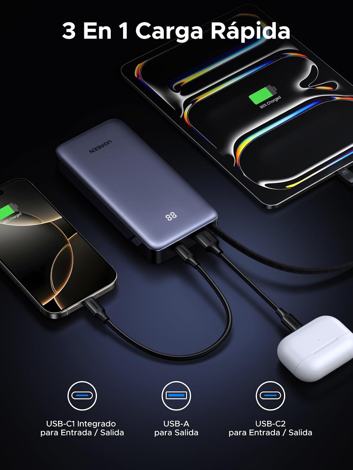 POWER BANK UGREEN NEXODE 20000MAH 45W USB-C CABLE INTEGRADO - 3