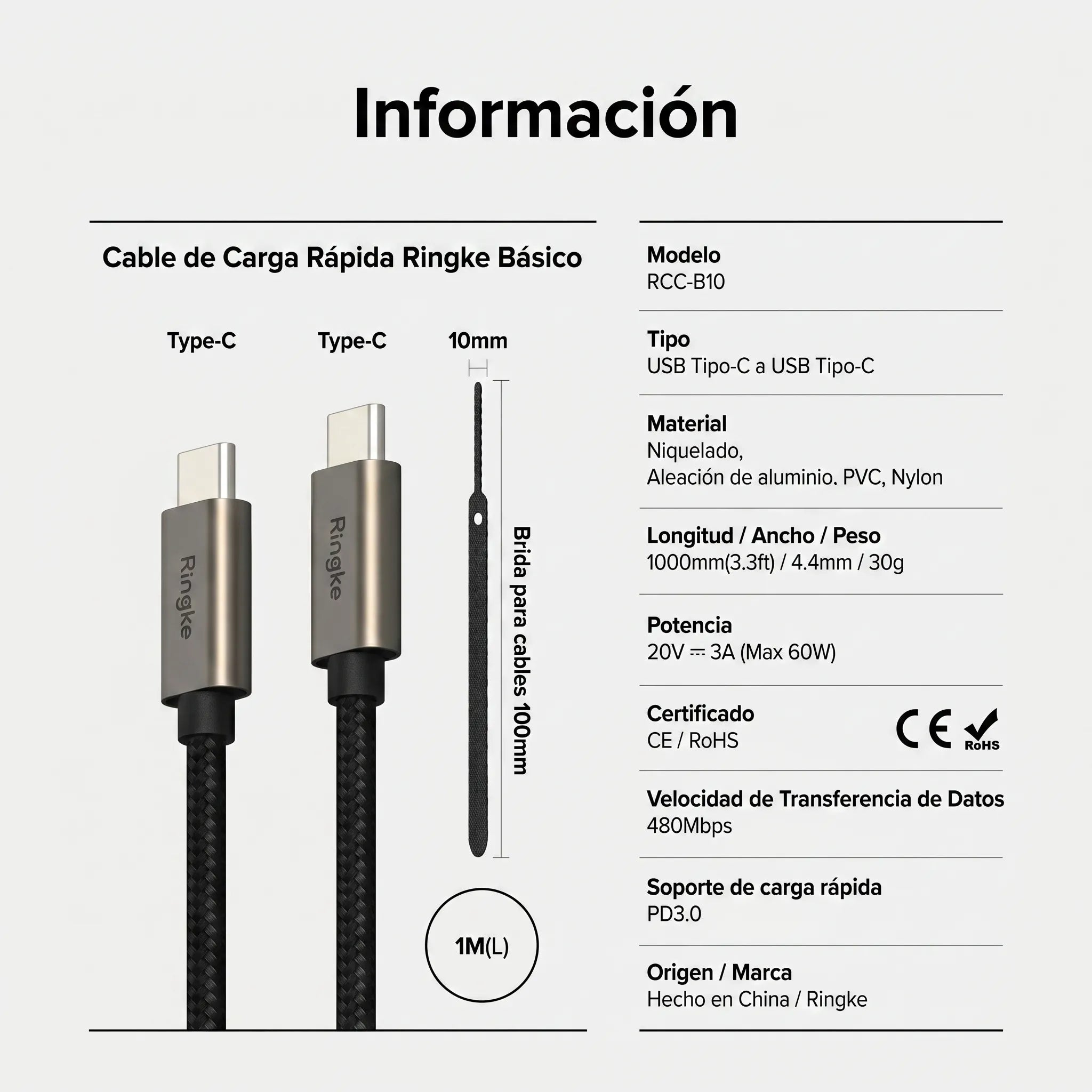 CARGADOR RINGKE CARGA RÁPIDA 12W TRENZADO NYLON TIPO C A C 1 METRO - 9