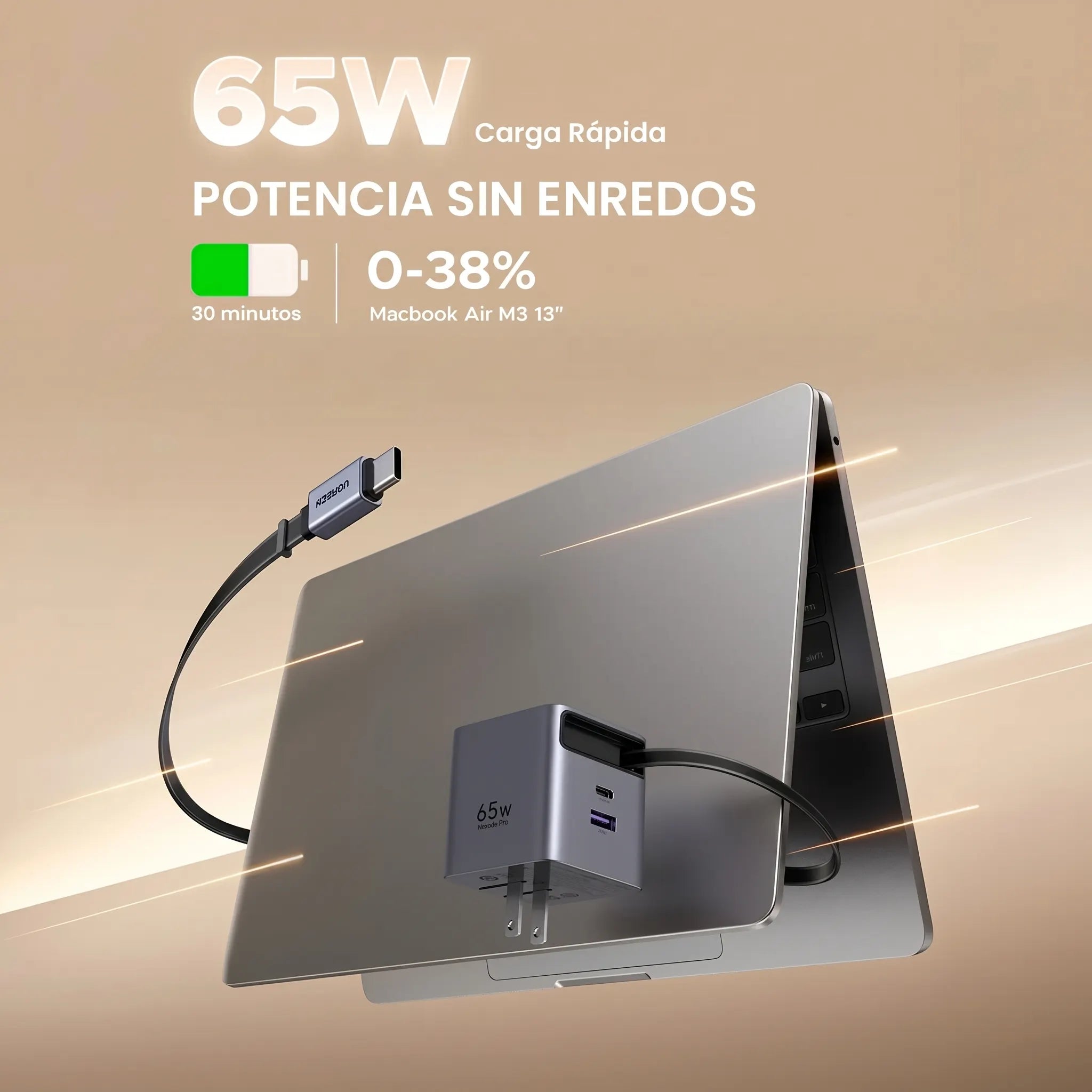UGREEN CARGADOR GAN 65W CON CABLE RETRÁCTIL Y 3 PUERTOS - 2