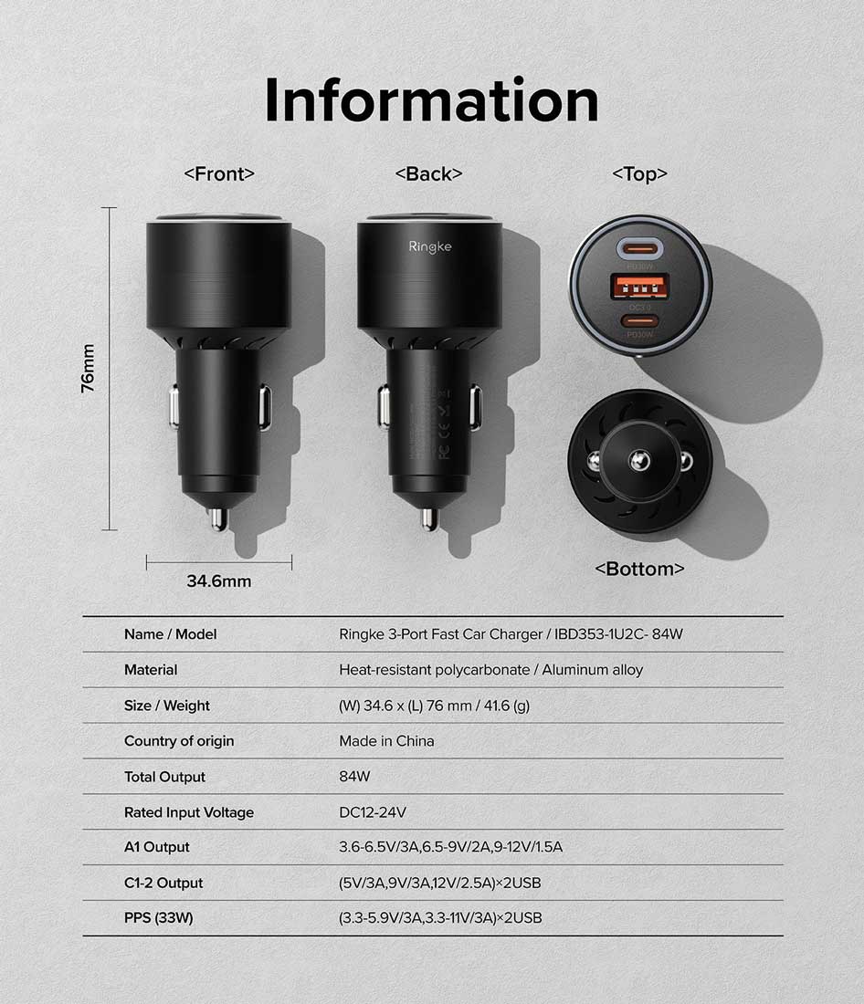 CARGADOR PARA AUTO RINGKE 3PORTS CARGA RÁPIDA 84W - 8