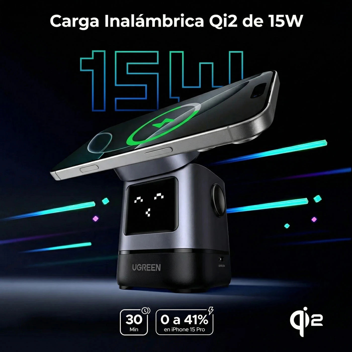 ESTACIÓN DE CARGA UGREEN UNO 2 EN 1 QI2 15W MAGSAFE - 2