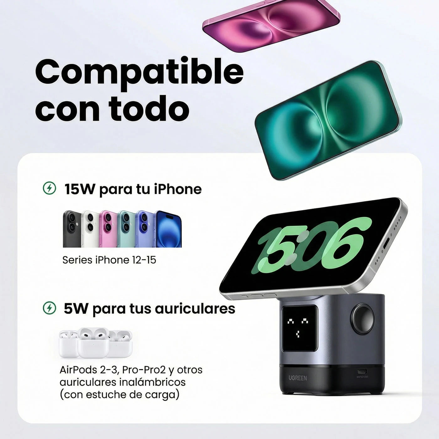 ESTACIÓN DE CARGA UGREEN UNO 2 EN 1 QI2 15W MAGSAFE - 7
