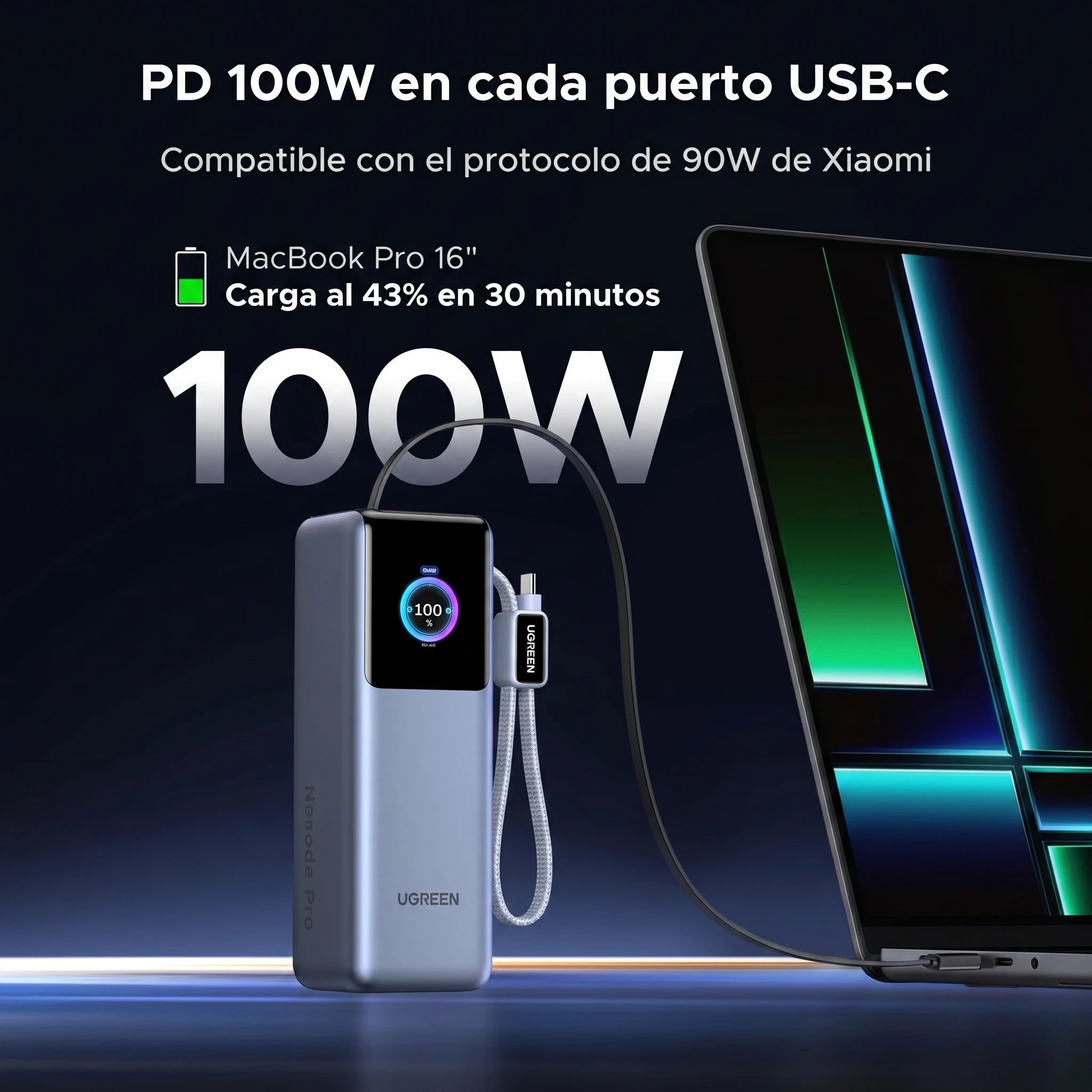 POWER BANK UGREEN NEXODE 25000MAH 200W CON CABLES USB-C INTEGRADOS - 3