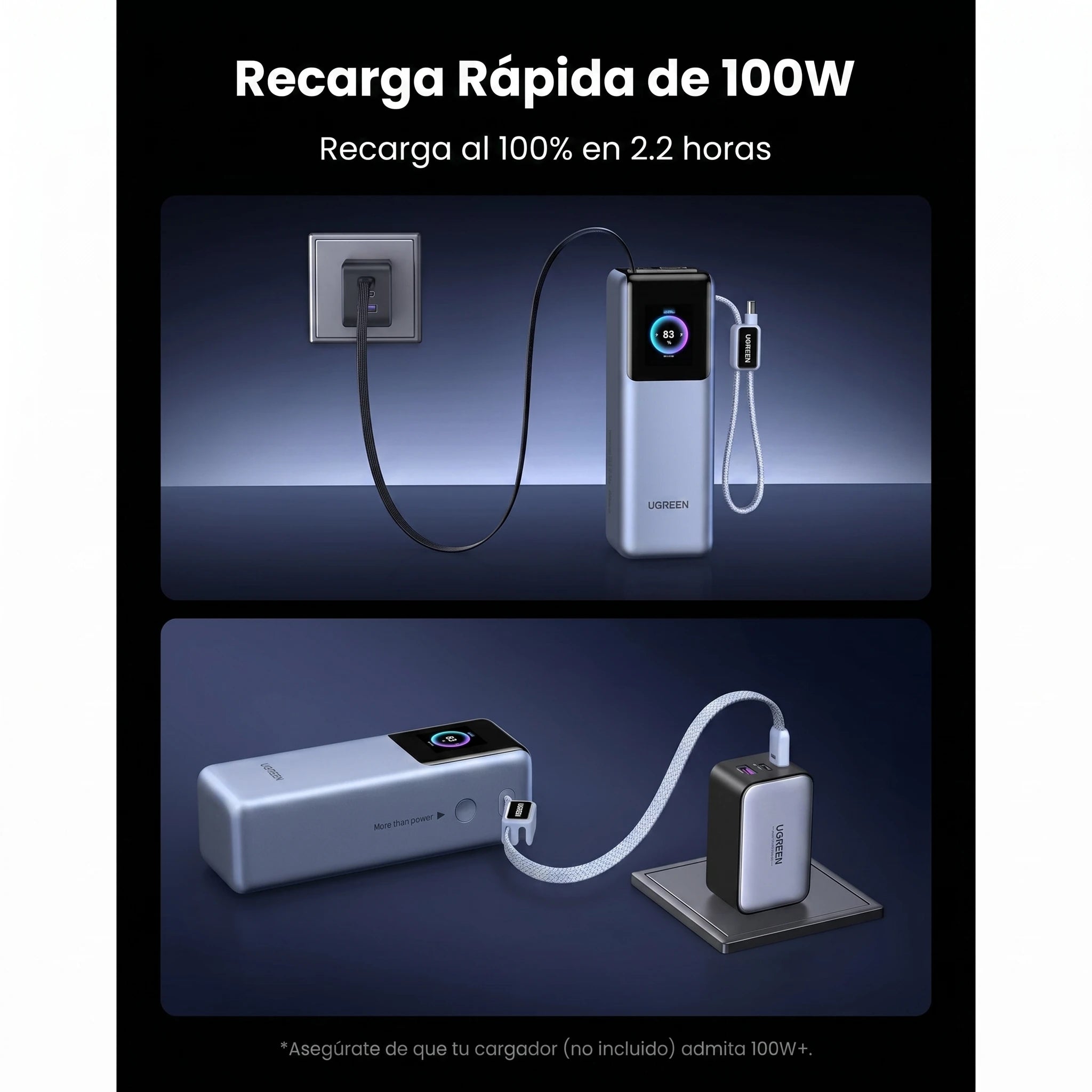 POWER BANK UGREEN NEXODE 25000MAH 200W CON CABLES USB-C INTEGRADOS - 4