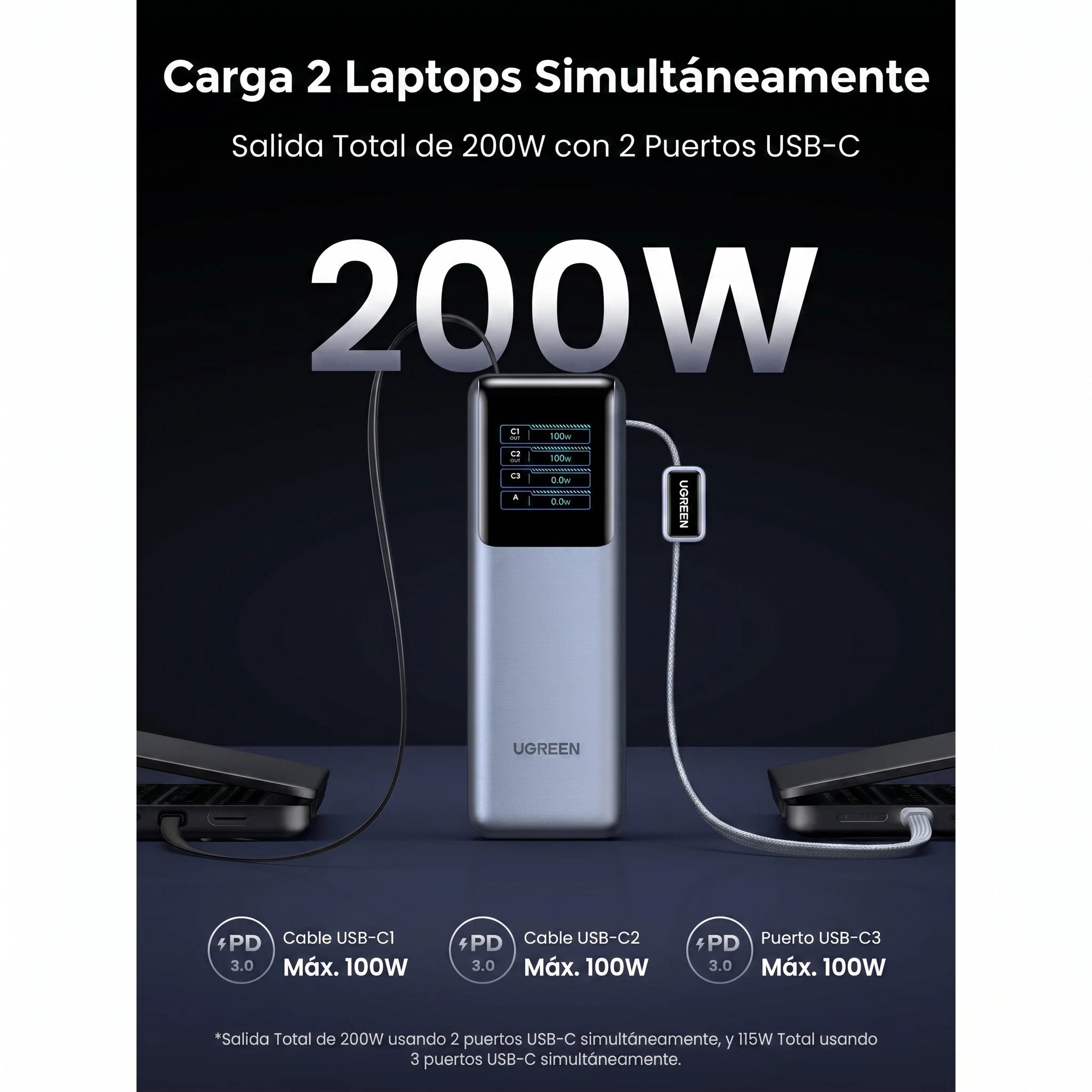 POWER BANK UGREEN NEXODE 25000MAH 200W CON CABLES USB-C INTEGRADOS - 5