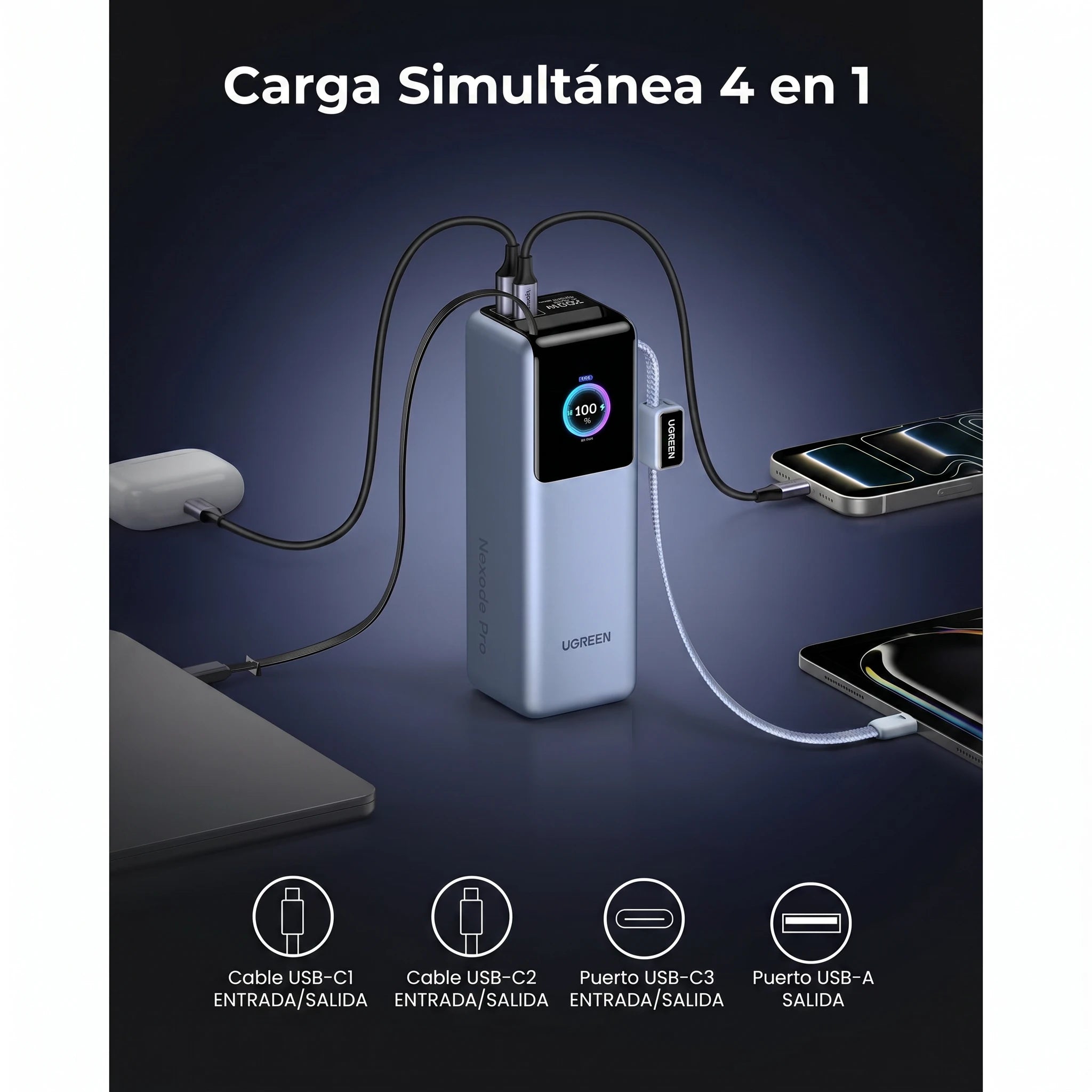 POWER BANK UGREEN NEXODE 25000MAH 200W CON CABLES USB-C INTEGRADOS - 6