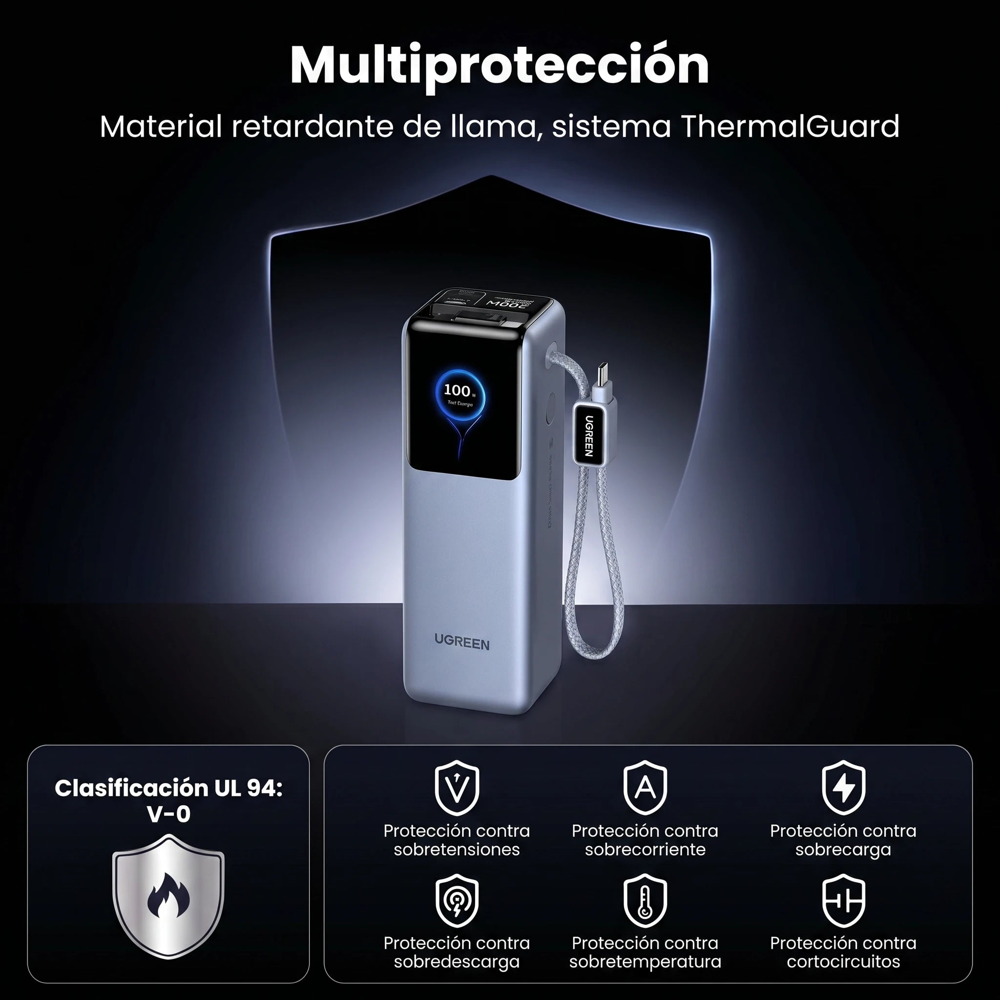 POWER BANK UGREEN NEXODE 25000MAH 200W CON CABLES USB-C INTEGRADOS - 7