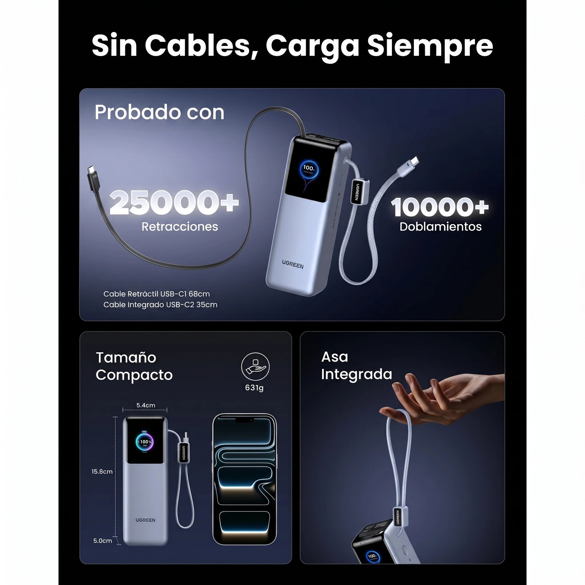 POWER BANK UGREEN NEXODE 25000MAH 200W CON CABLES USB-C INTEGRADOS - 8