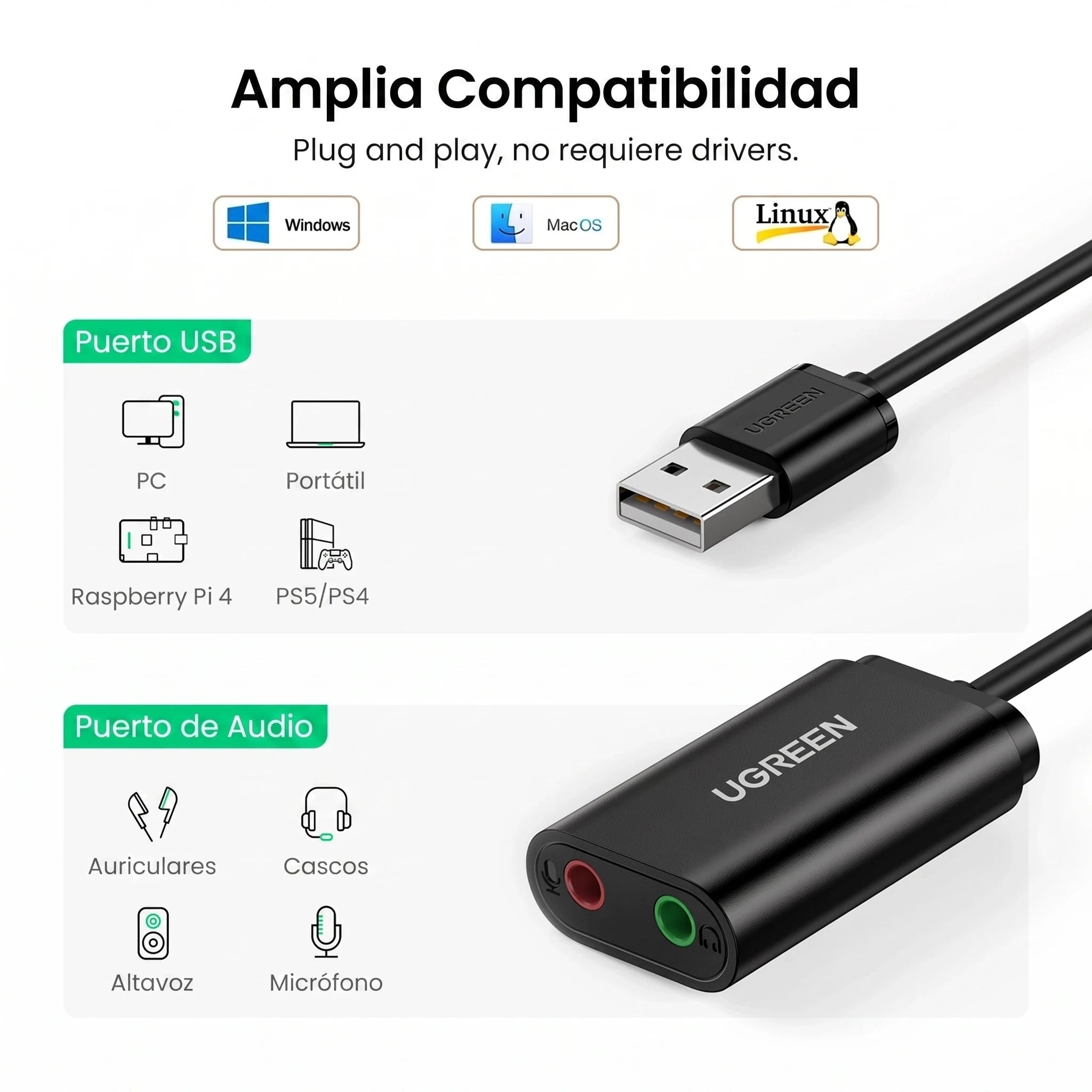 UGREEN US205 ADAPTADOR DE SONIDO USB 2.0 A 3.5MM - 2