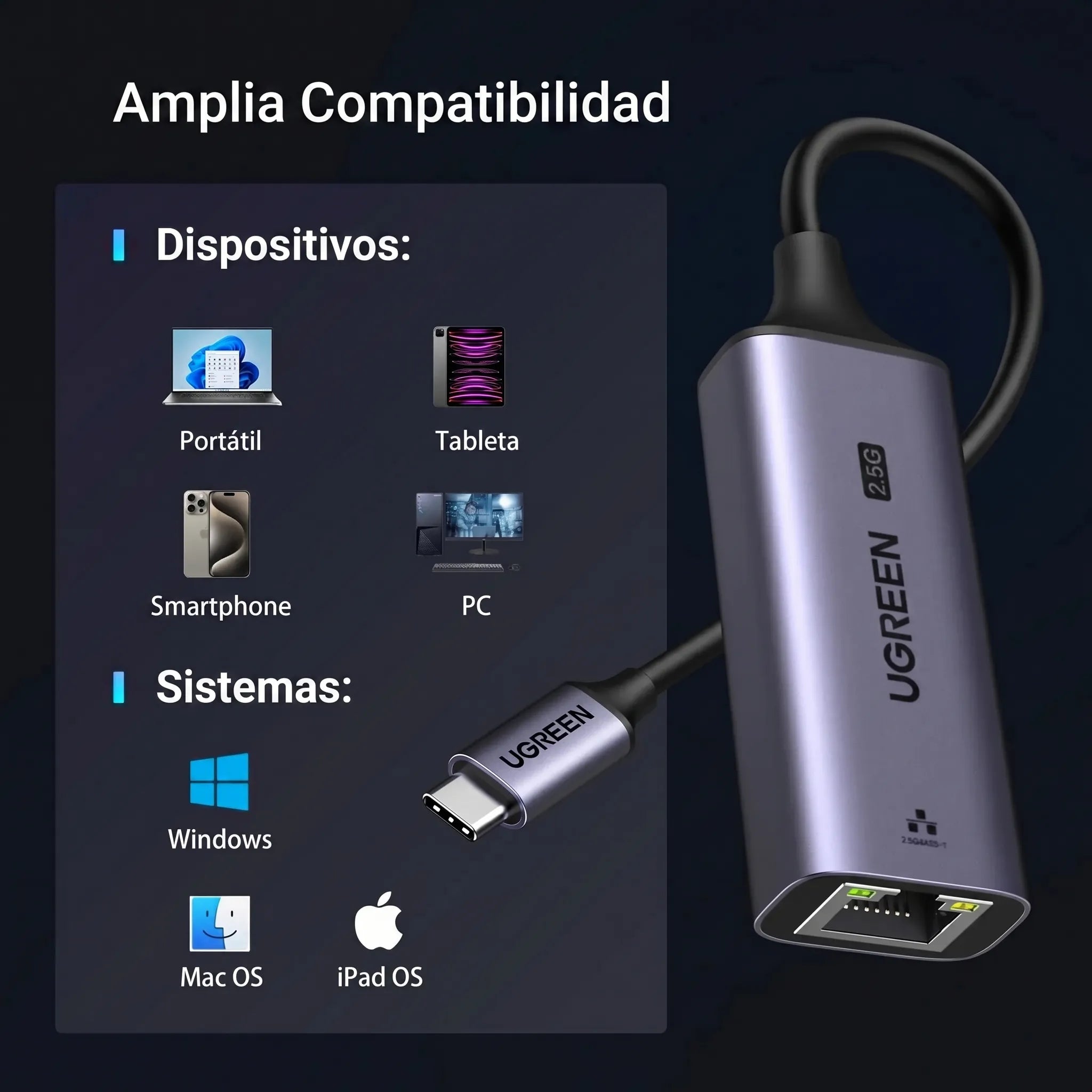 UGREEN ADAPTADOR USB-C A ETHERNET 2.5G RJ45 PARA LAPTOP Y TABLET - 3