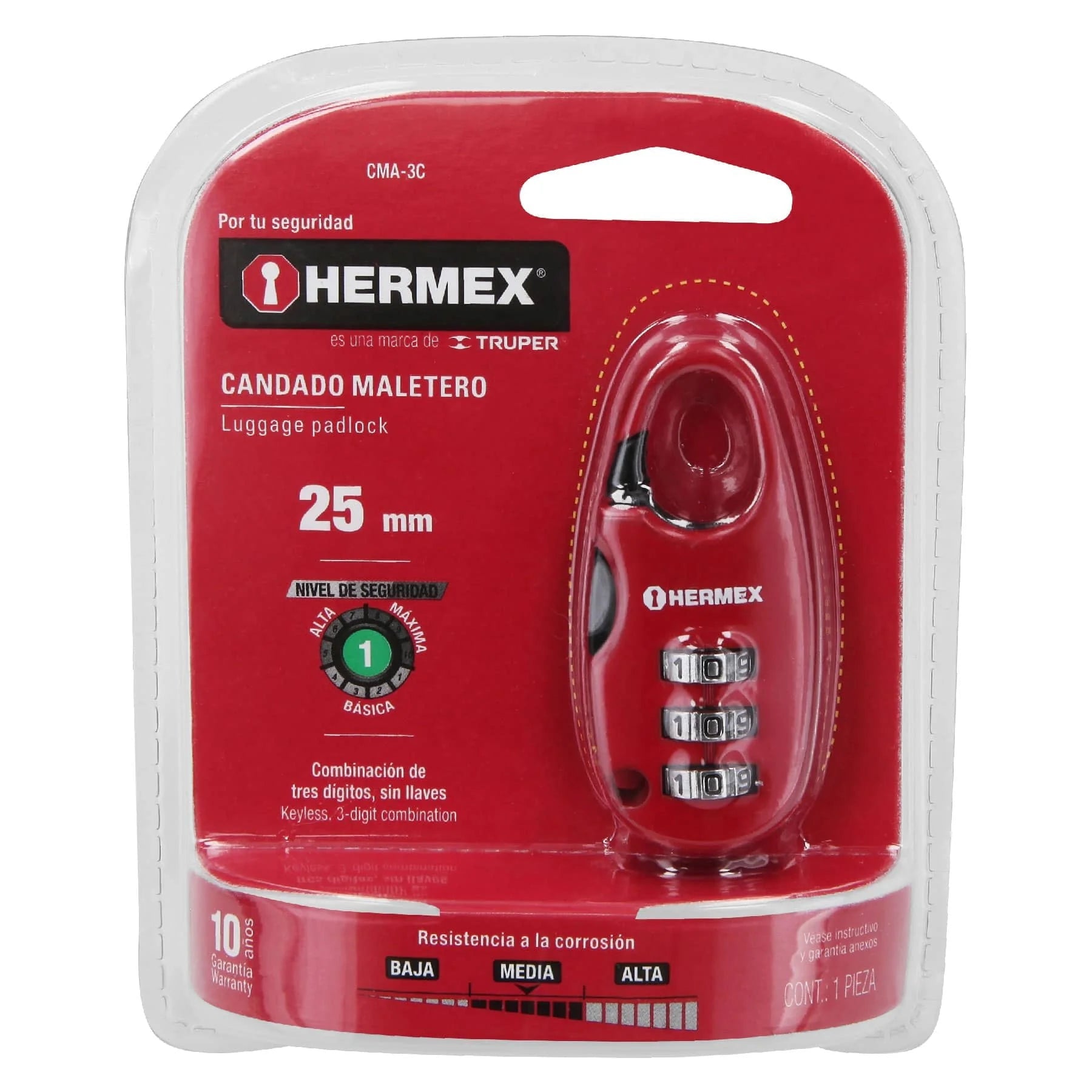 CANDADO MALETERO DE COMBINACIÓN 25 MM BLÍSTER HERMEX - 1