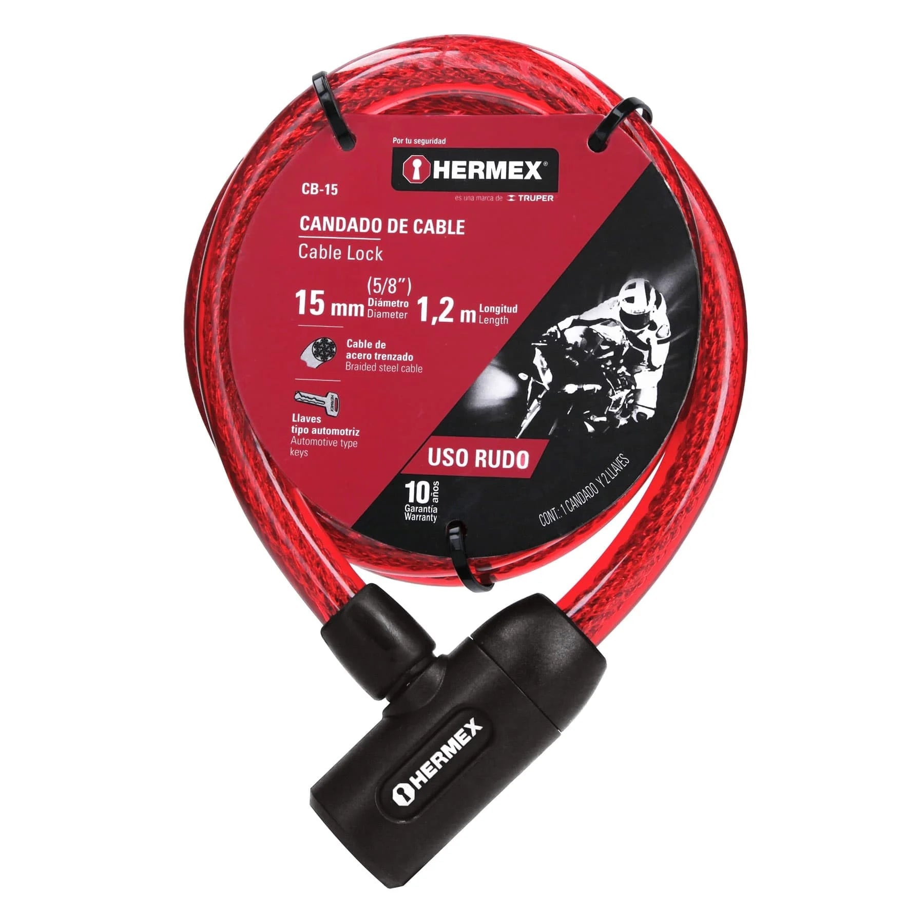 CANDADO DE CABLE CON LLAVE 15MM X 1.20 M PARA BICICLETA HERMEX - 3