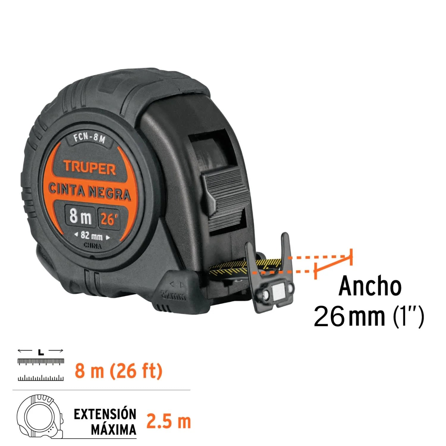WINCHA CONTRA IMPACTOS 8 M, CINTA NEGRA 26 MM, TRUPER - 4