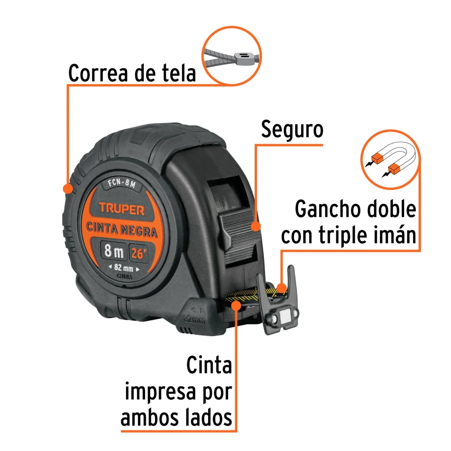 WINCHA CONTRA IMPACTOS 8 M, CINTA NEGRA 26 MM, TRUPER - 5