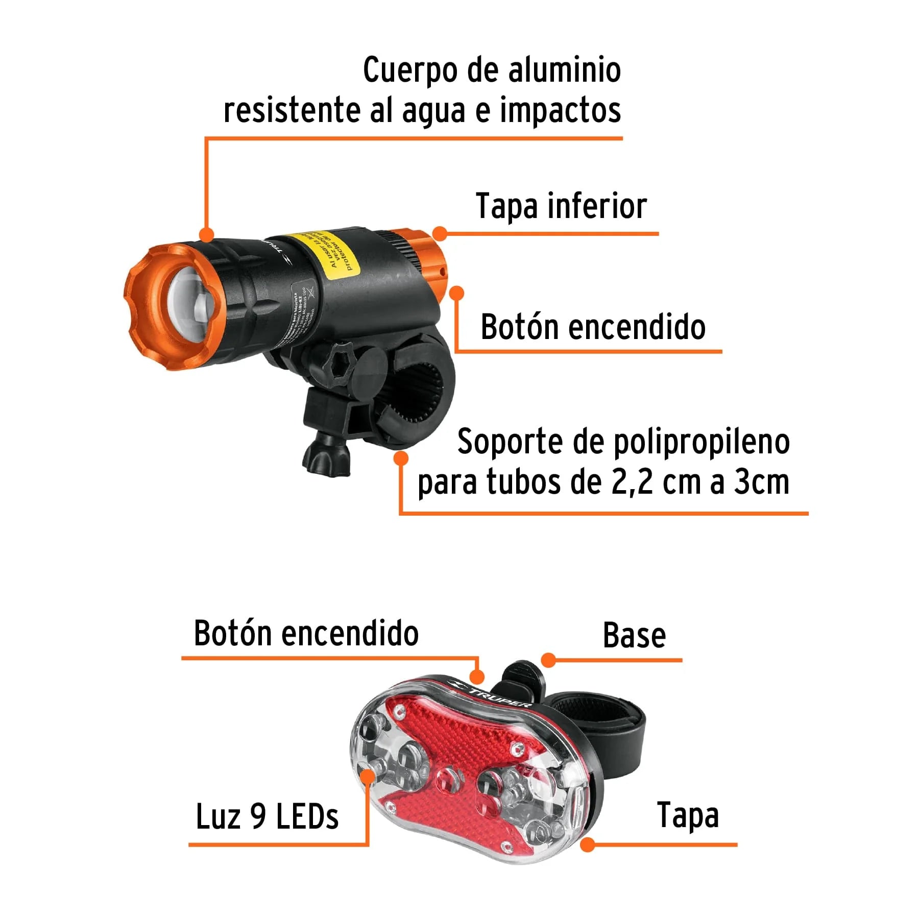 JUEGO DE LINTERNA DELANTERA Y TRASERA PARA BICICLETA TRUPER - 2